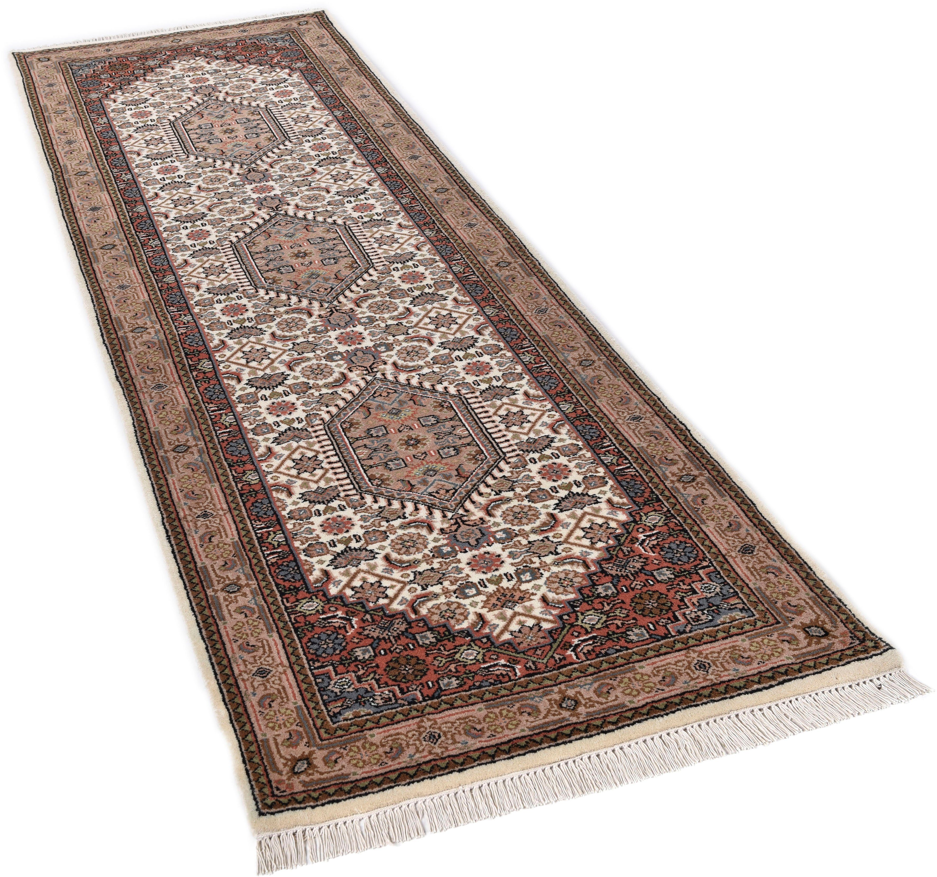THEKO Loper Benares Bidjar zuivere wol, met de hand geknoopt, met franje lopers maat 80 cm x 250 cm x 12 mm beige