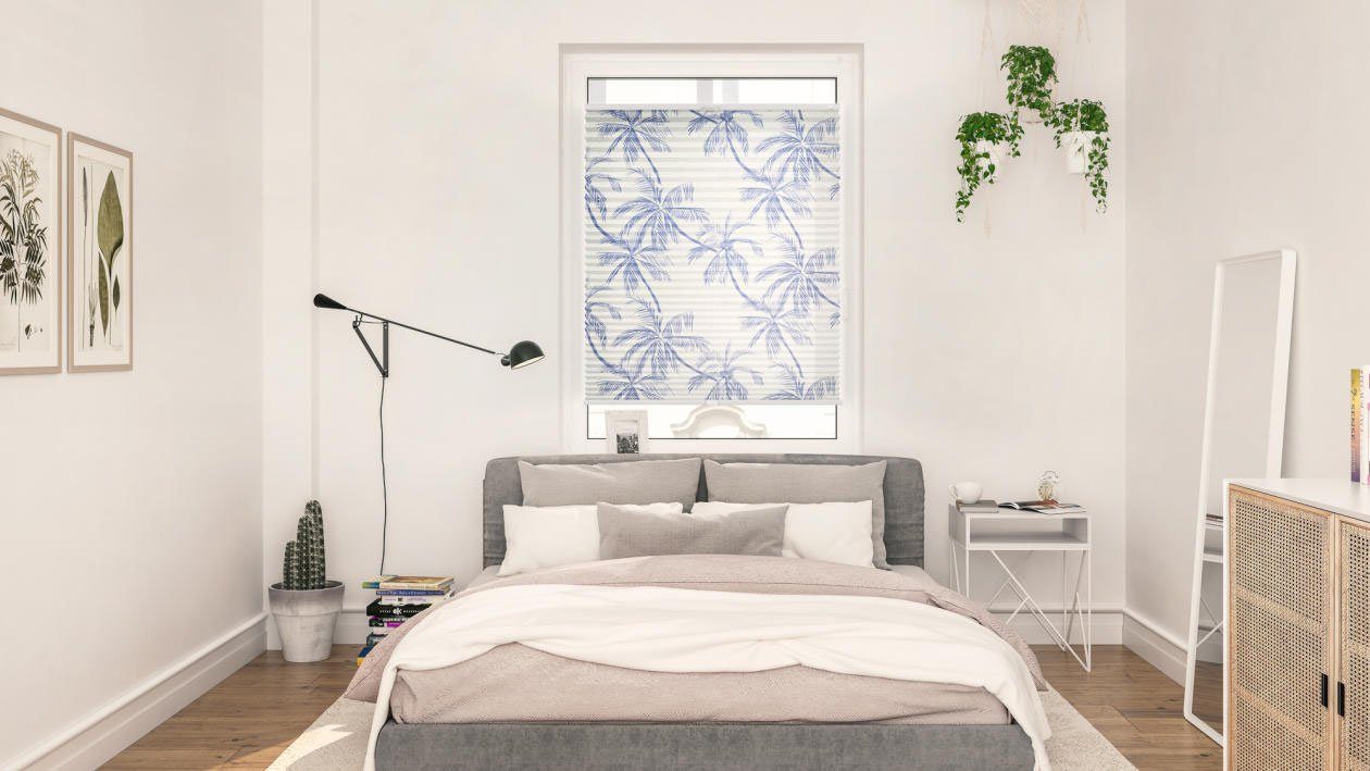 LICHTBLICK Plissé Klemmfix, zonder boren, ondoorzichtig, Blueprint Palms - blauw (1 stuk) plisségordijnen maat 80 cm x 130 cm blauw