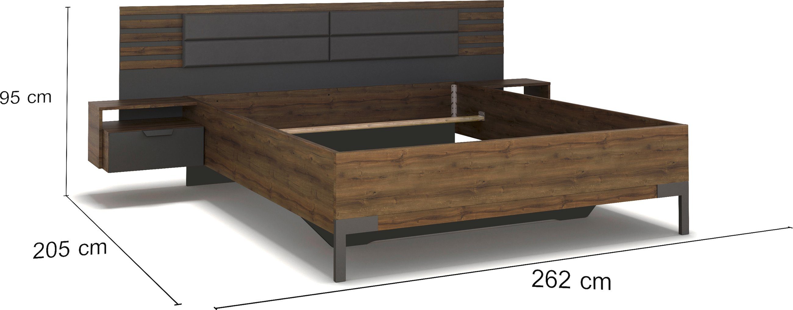 rauch Ledikant Bed Tweepersoons Futonbed BAREA met hangende nachtkastjes en hoofdbord met gestoffeerd kussen