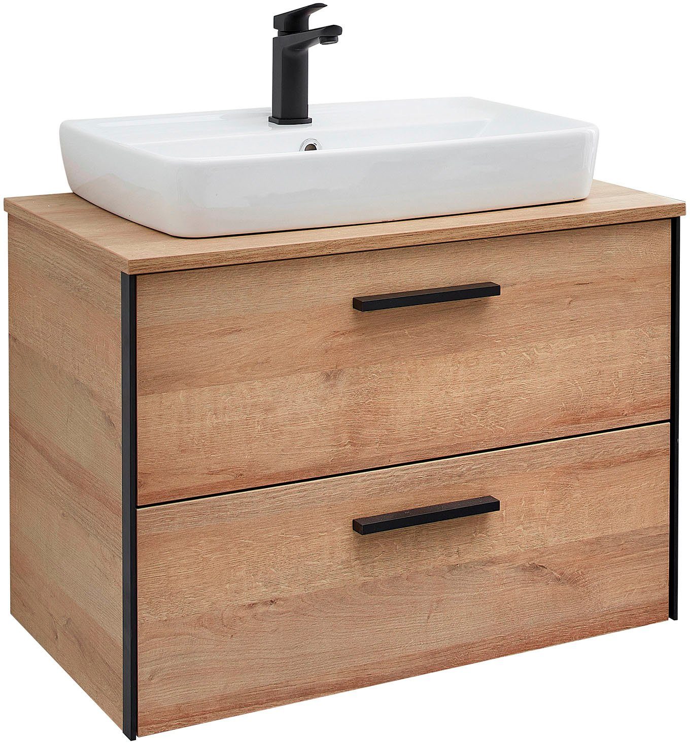 Saphir Badkamerserie Quickset 395 2-delig, keramieken opzetwasbak met led-spiegel Wastafelmeubel 73 cm breed, 2 laden, wastafelblad, badkameraccessoireset (4-delig)