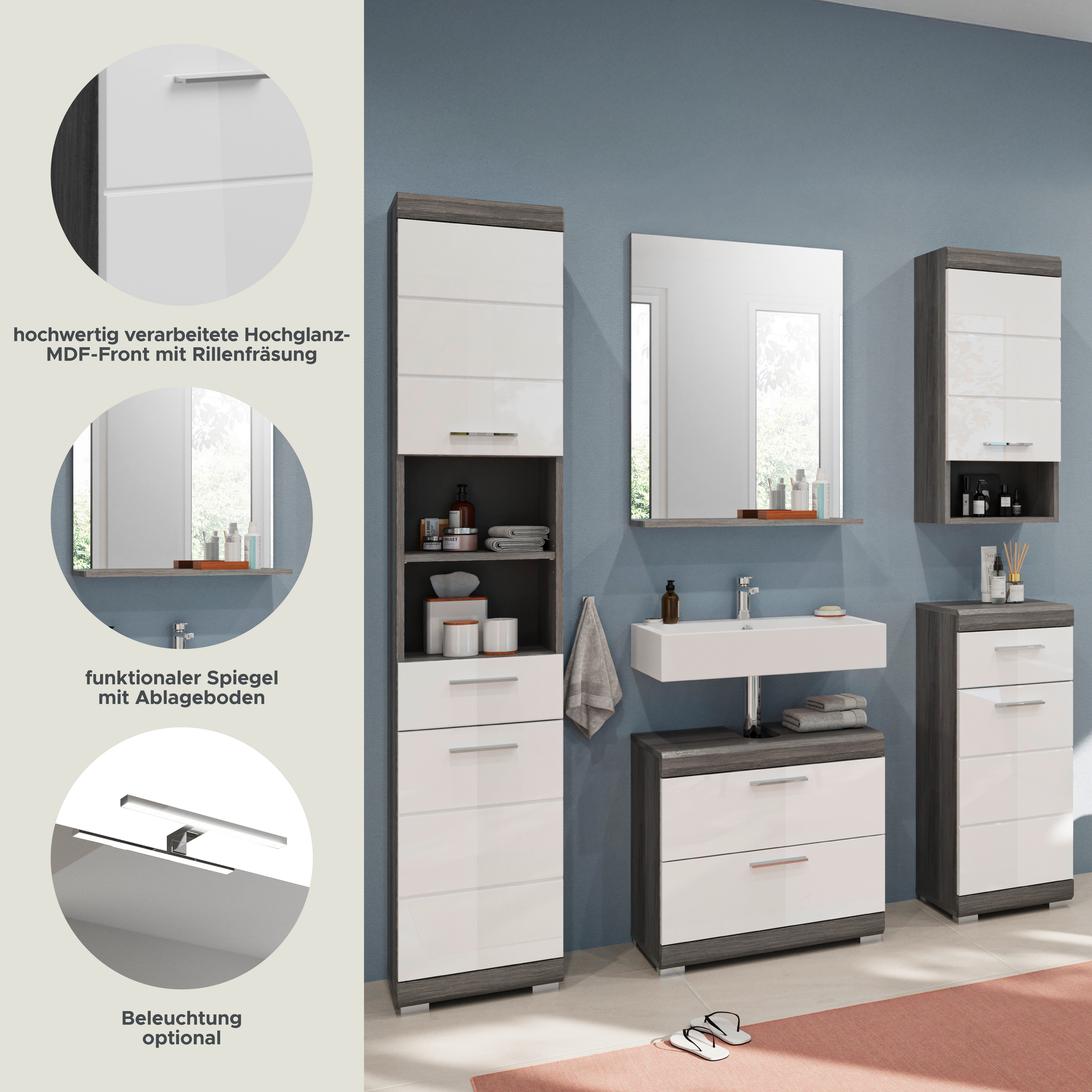 INOSIGN Badmeubelset Siena, 5-delig, bestaande uit: Hoge kast, WBU, spiegel, onderkast, hangkast (set, 5 stuks)