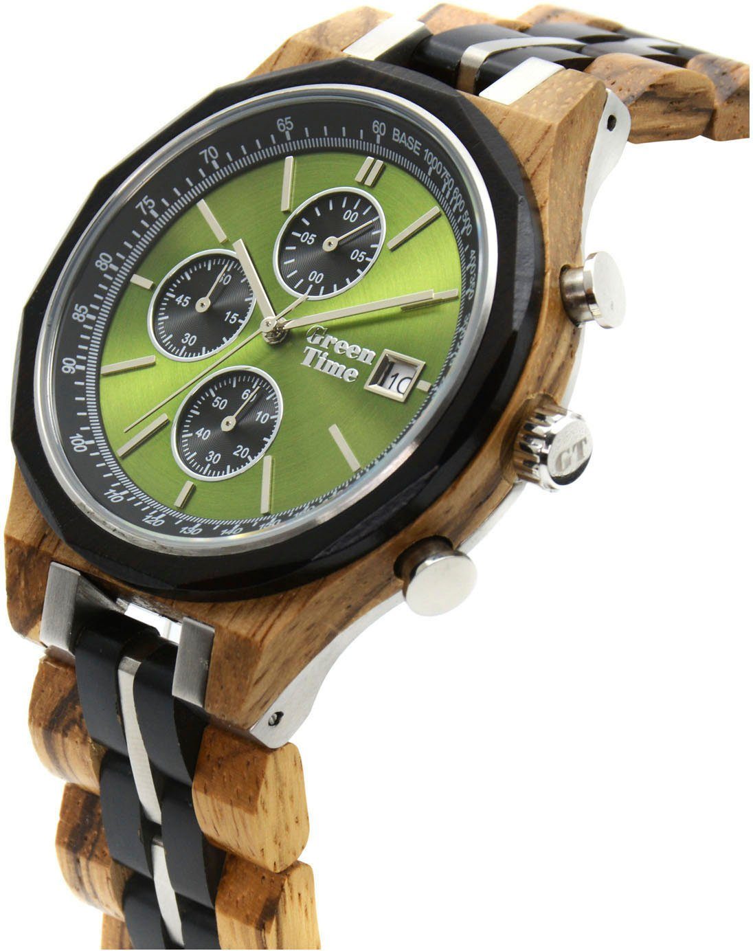 GreenTime Chronograaf ZW176C Polshorloge, quartz, herenhorloge, houten horloge, datum