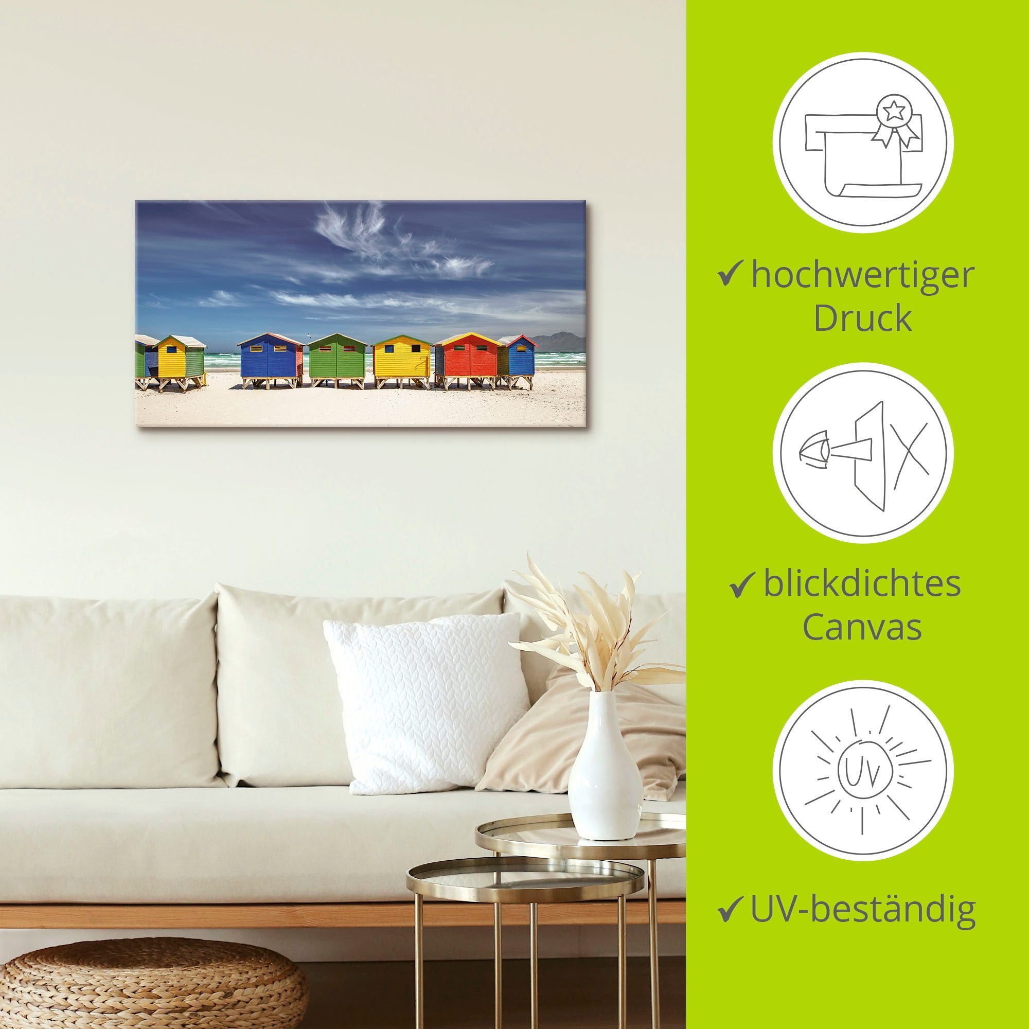 Artland Artprint Veelkleurige strandhuisjes bij Kaapstad als artprint van aluminium, artprint voor buiten, artprint op linnen, poster, muursticker