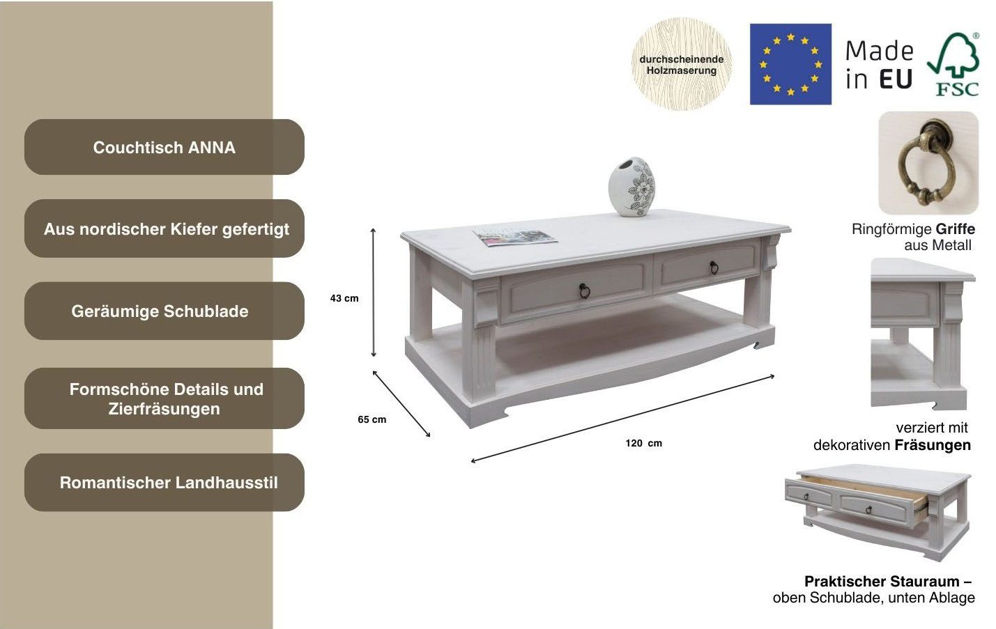 Home affaire Salontafel ANNA met 2 lades van massief grenen