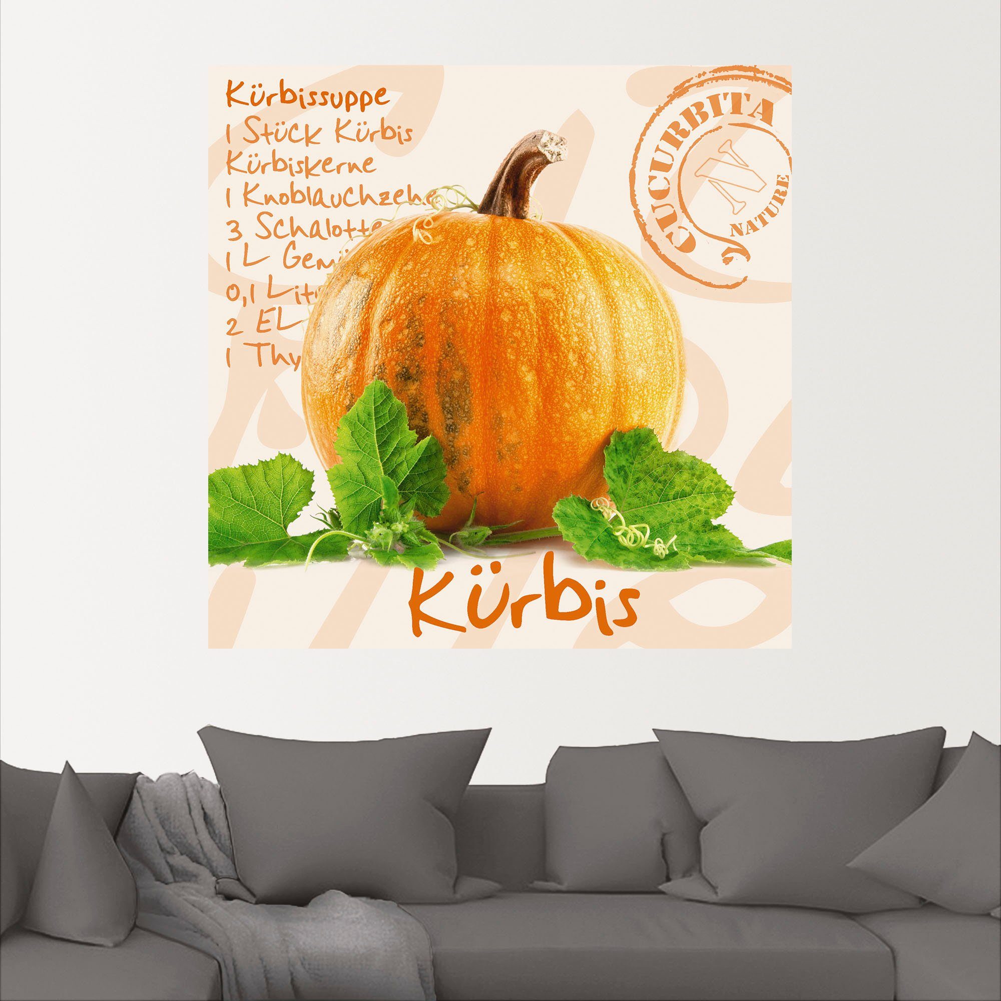Artland Artprint Gele pompoen met groene bladeren als poster, muursticker in verschillende maten