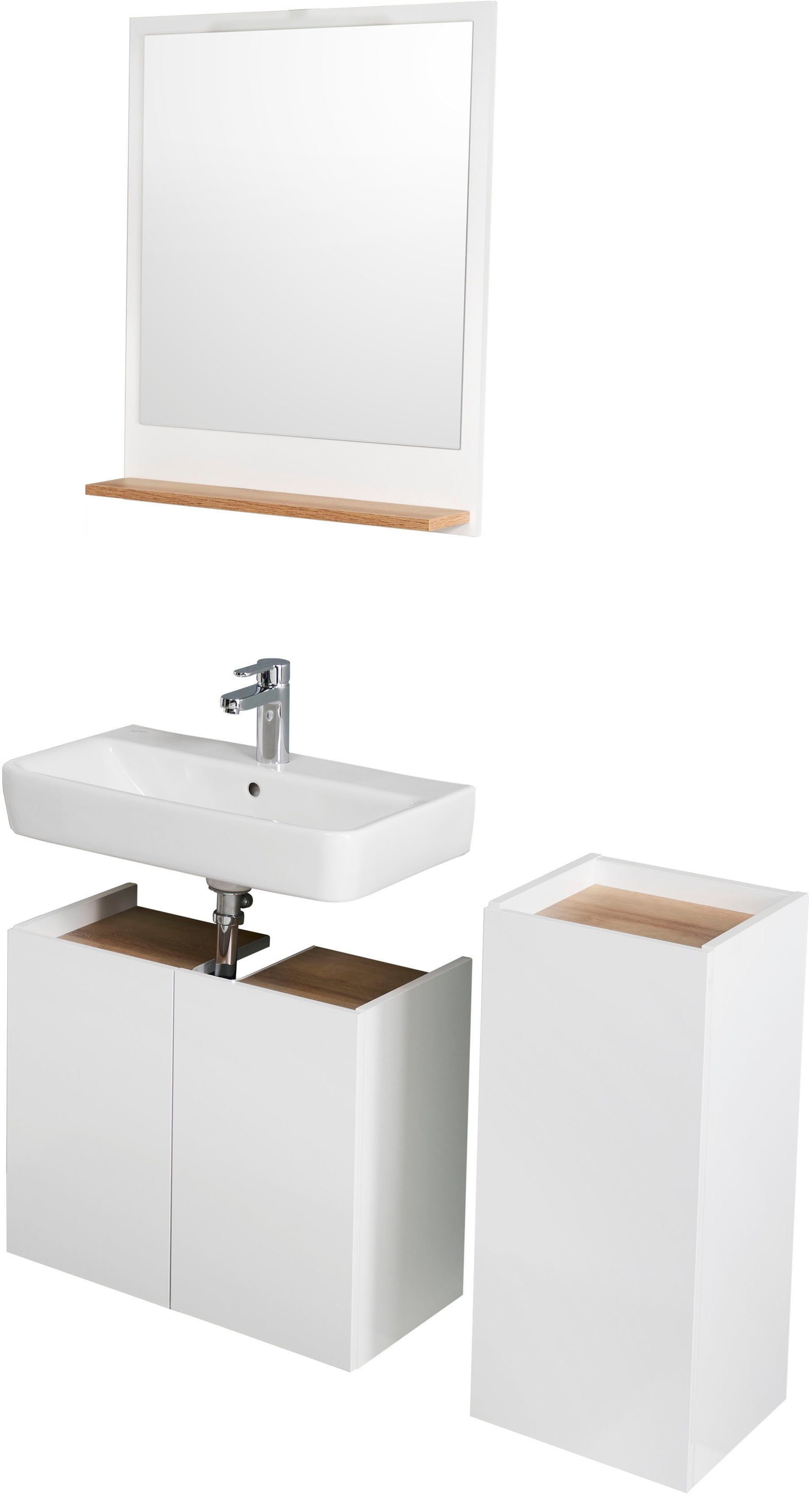 Saphir Badkamerserie Quickset 947 3-delig, wastafelonderkast met spiegel Onderkast, 3 deuren, 1 plank, inclusief deurdemper, glanzend wit (3-delig)