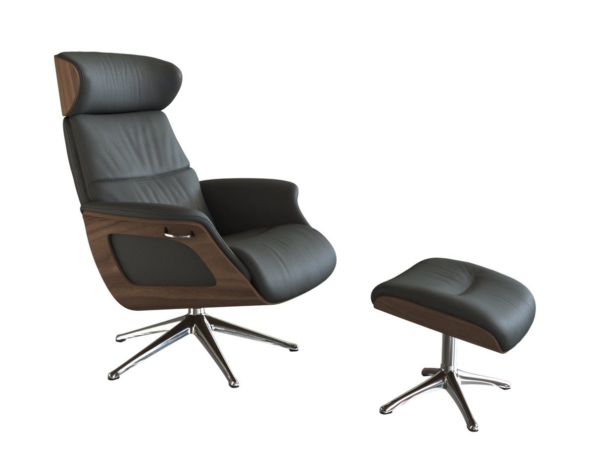 FLEXLUX Relaxfauteuil Clement relaxstoel, gestoffeerde stoel, ligstoel, TV-stoel, Rug- & hoofdverstelling, draaibaar, armleuning walnoot, voet aluminium