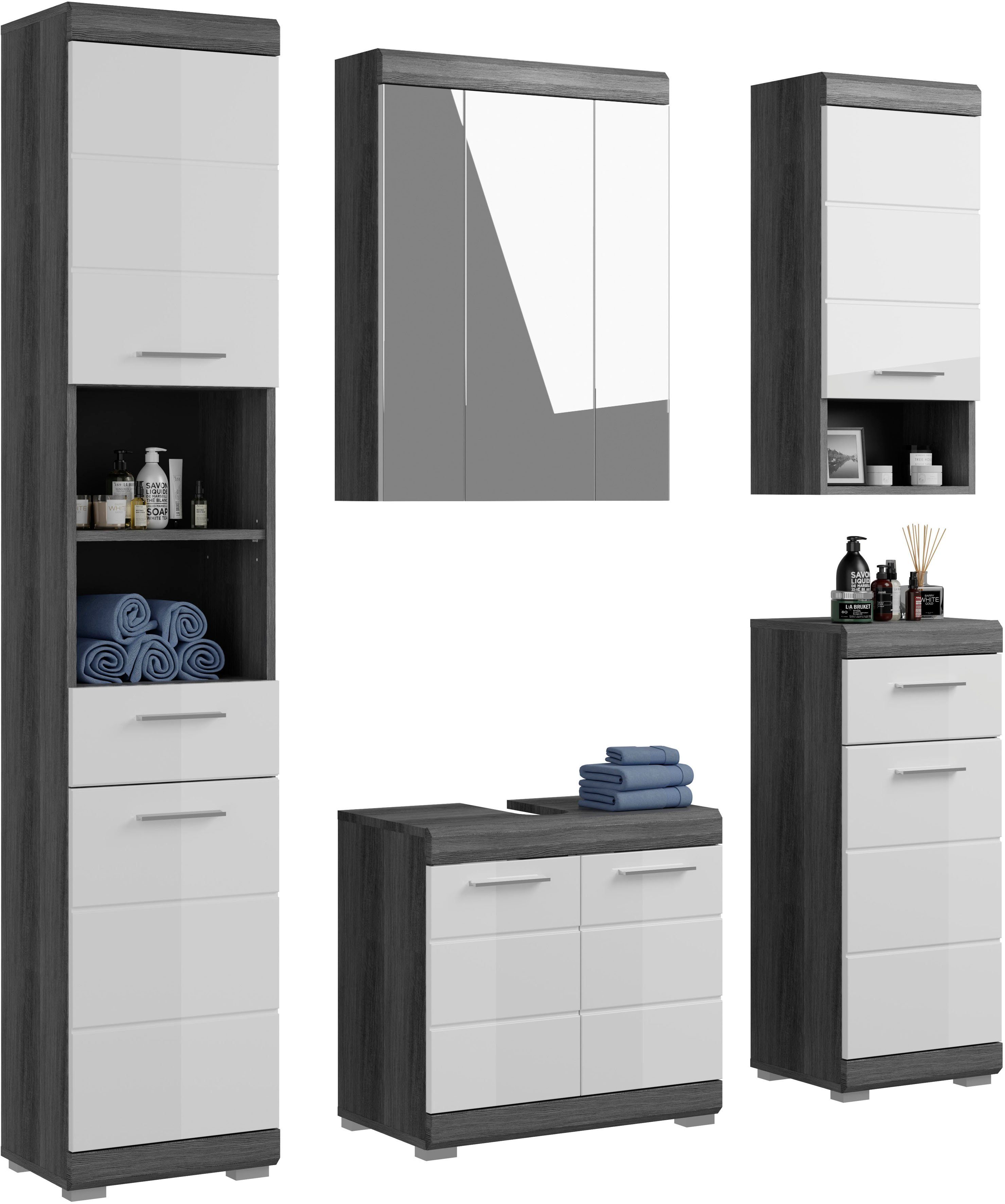 inosign badkamerserie siena hoge kast, spiegelkast, wastafelkast, wandkast, onderkast (set, 5-delig) grijs