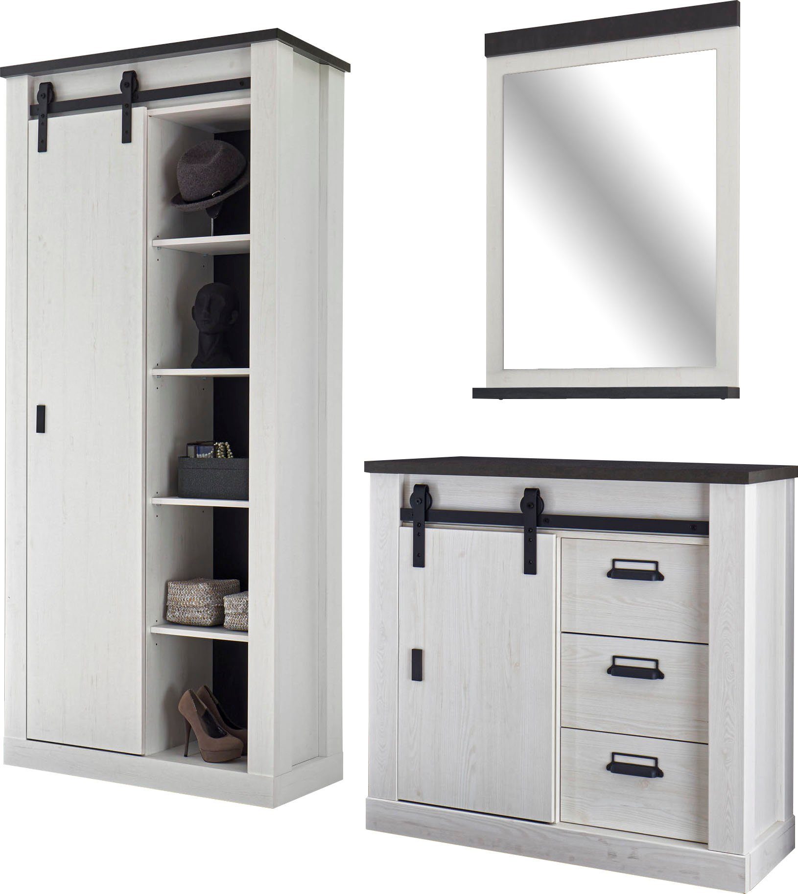 Home affaire Halmeubelset Sherwood met schuurdeurbeslag, apothekersgrepen van metaal (3-delig) wandkapstokken wit