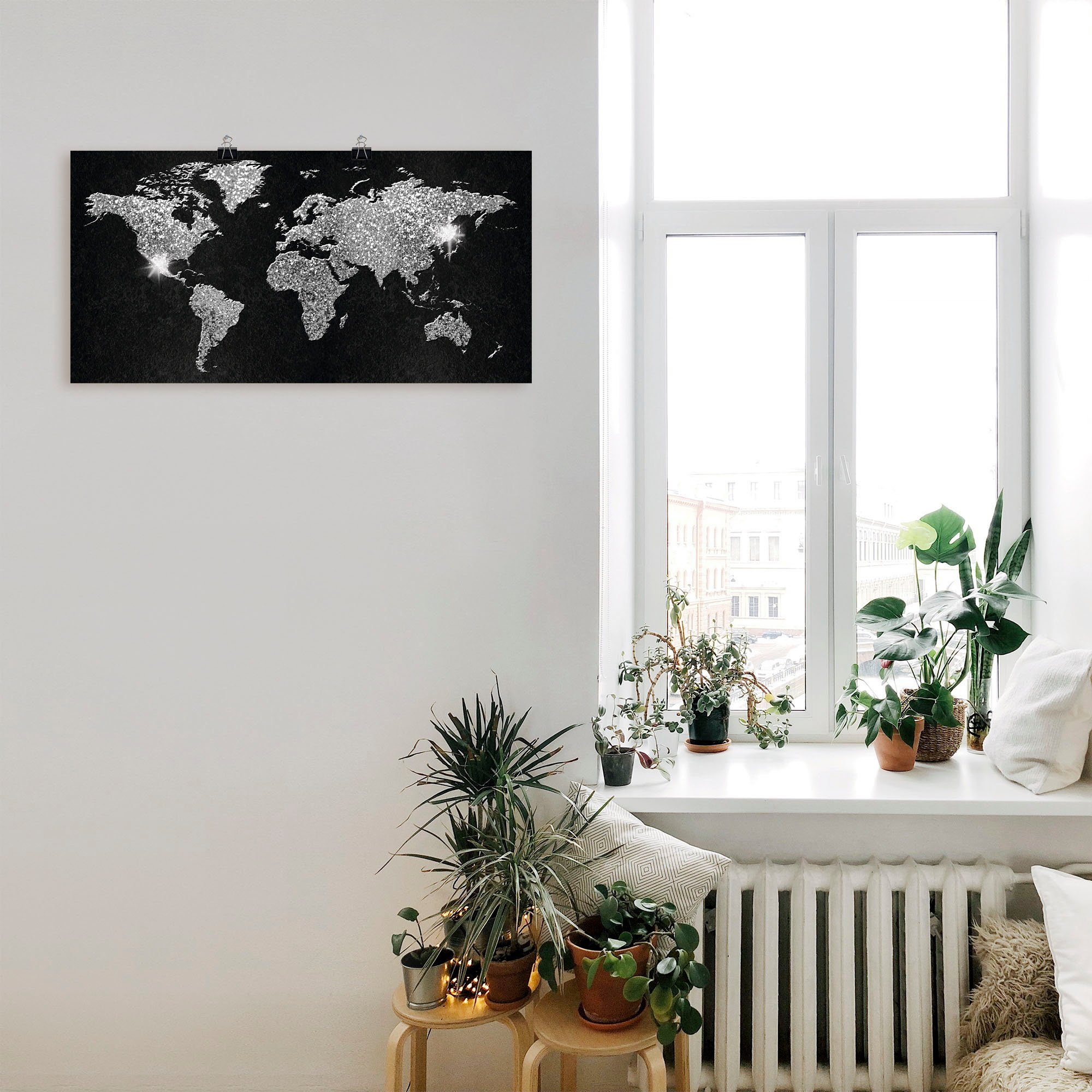 Artland Artprint Wereldkaart glitter als artprint van aluminium, artprint voor buiten, artprint op linnen, poster, muursticker