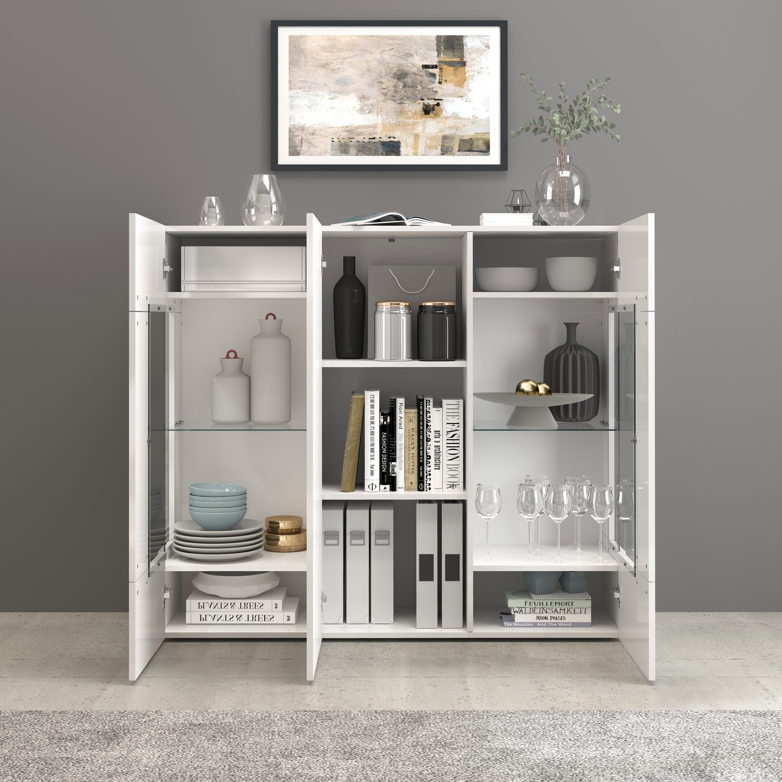 INOSIGN Highboard Egypte, Highboard, Hoge kast, Hoge ladekast, Vitrine met 3 deuren waarvan 2 met glaselement, volledig hoogglans gelakt, breedte 135