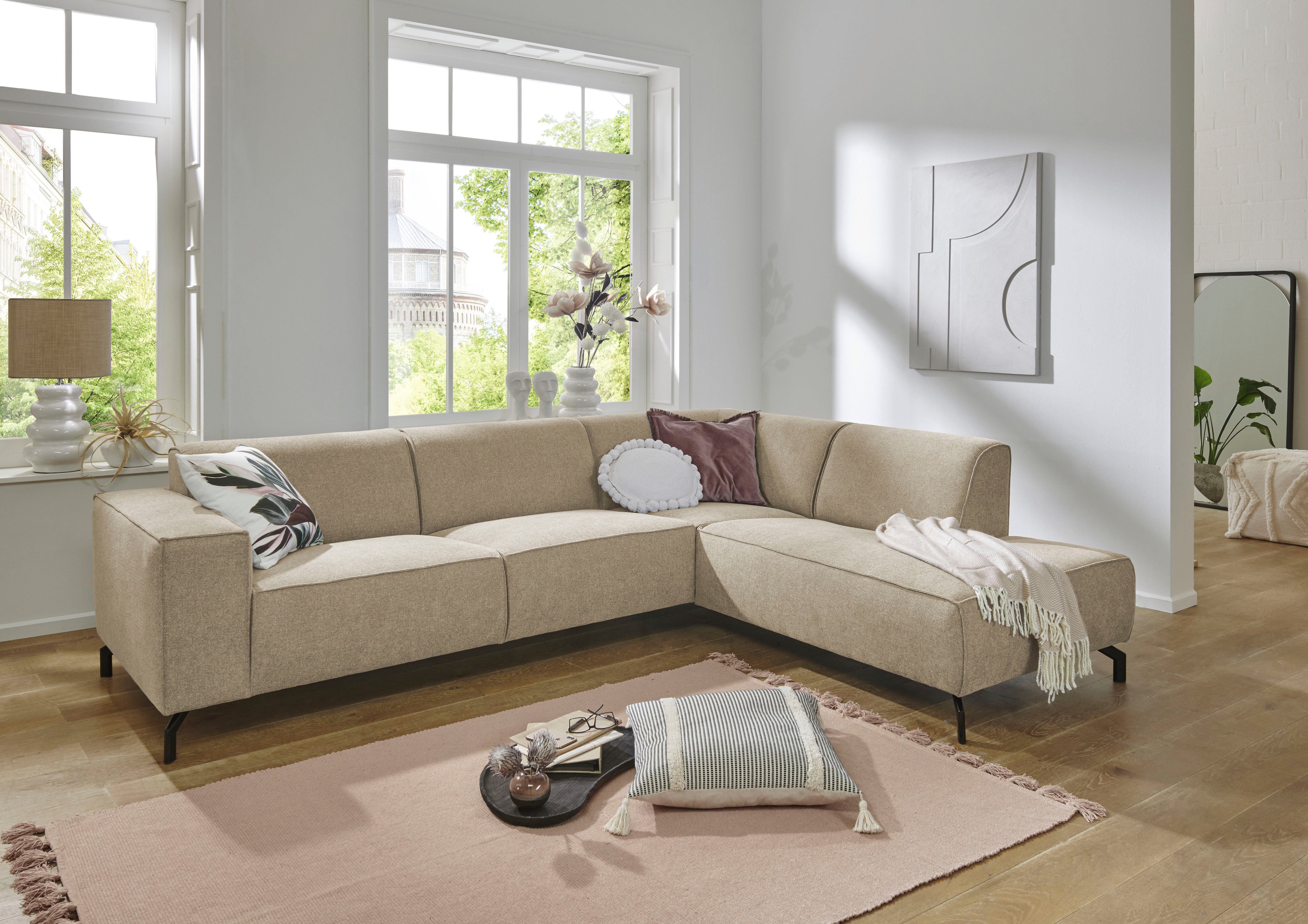 Places of Style Hoekbank Lorcan, breedte 275 cm, zacht zitgevoel met zwarte metalen poten, lederlook en zachte structuurstof