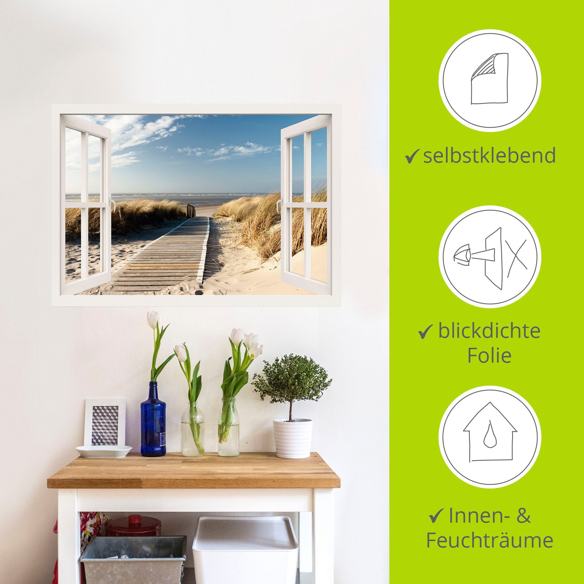 Artland Artprint Blik uit het venster Noordzeestrand op Langeoog als artprint op linnen, poster, muursticker in verschillende maten