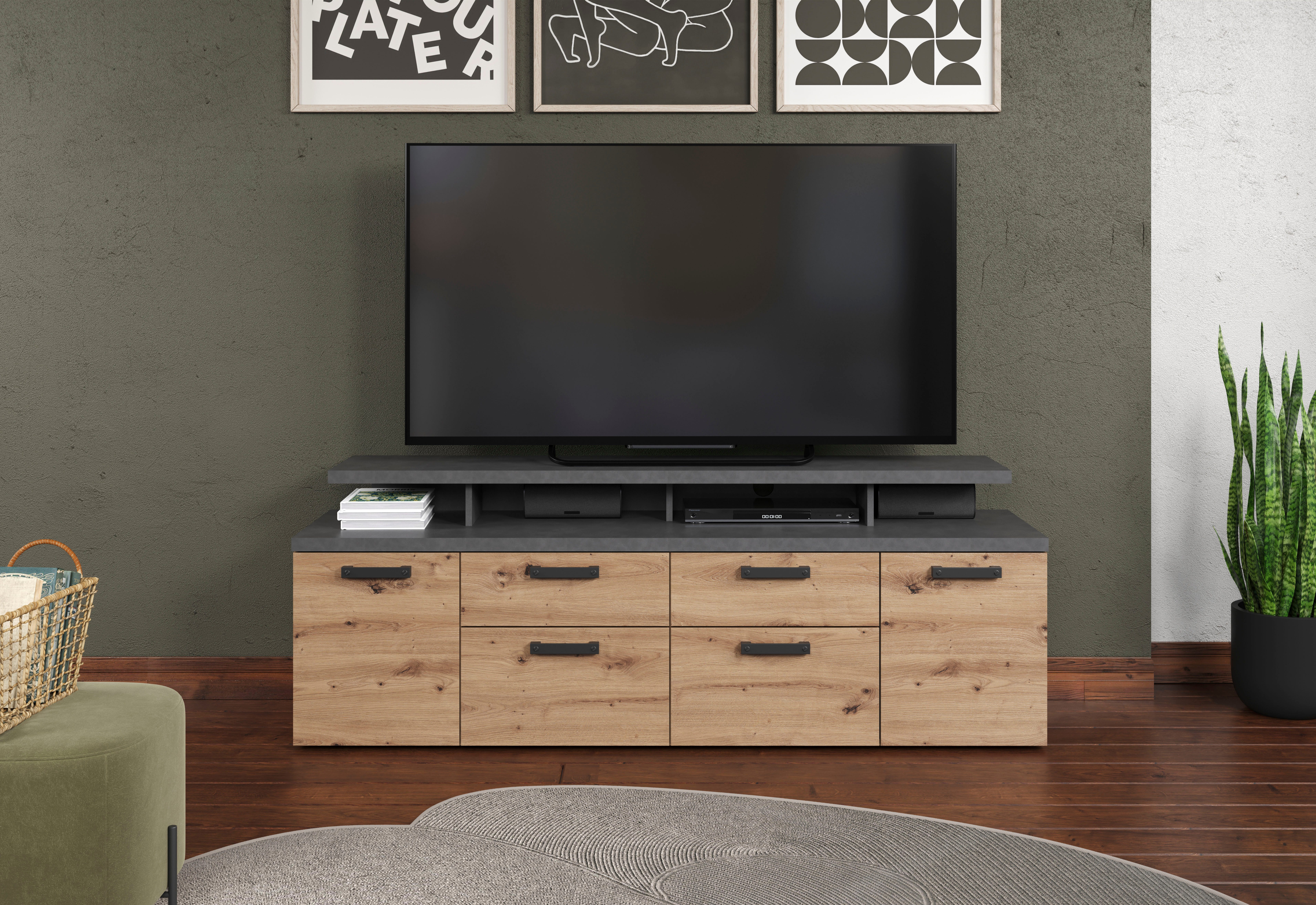 Home affaire Tv-kast Ambres Lowboard inclusief opzetstuk in eik/grijs - Met volledige uittrekfunctie (1 stuk)