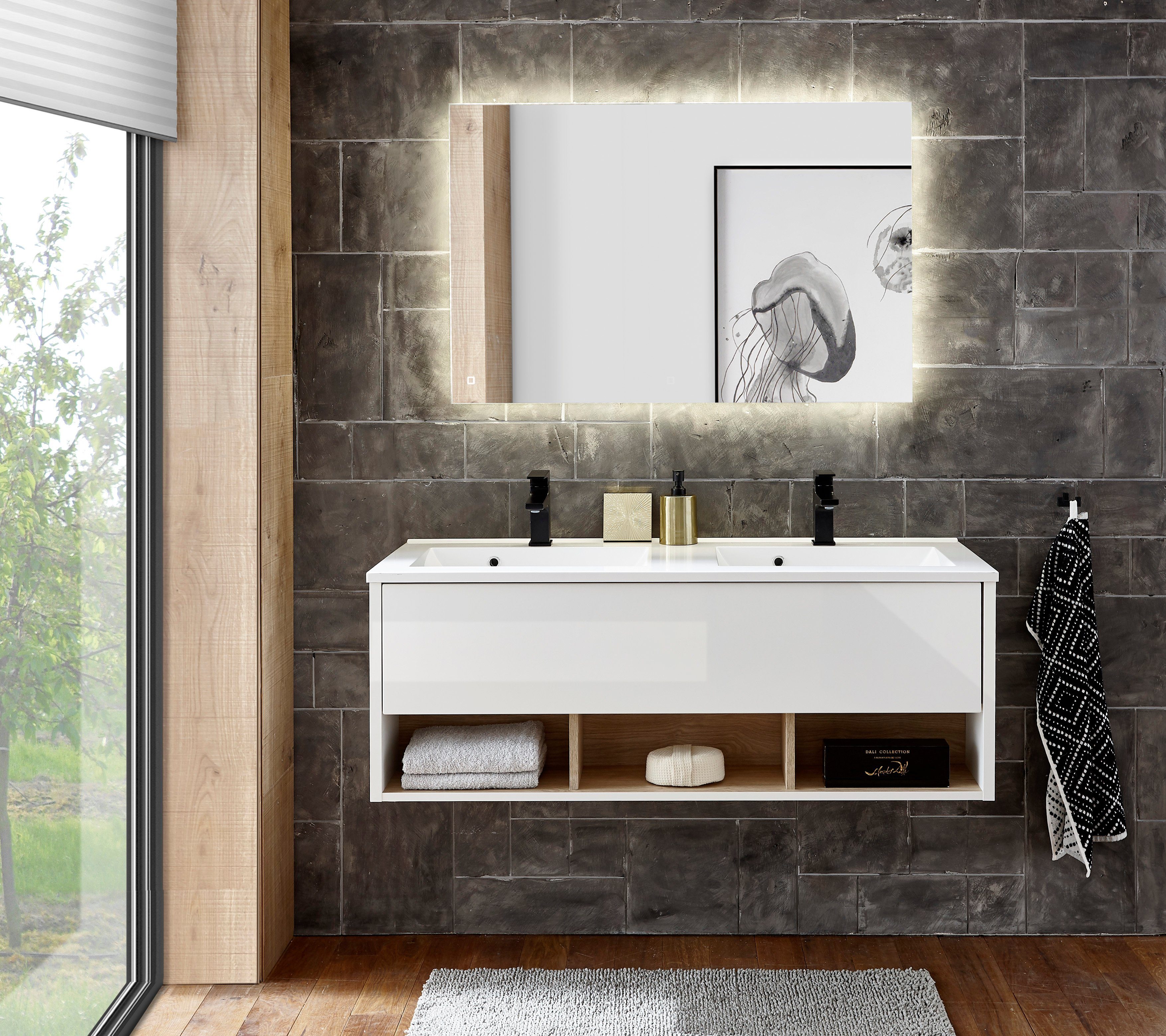 Places of Style Badkamerserie Studio Line, bad in modern ontwerp, 2-delig badkamer Wastafel en spiegel, in twee kleuren beschikbaar, veel opbergruimte (2-delig)
