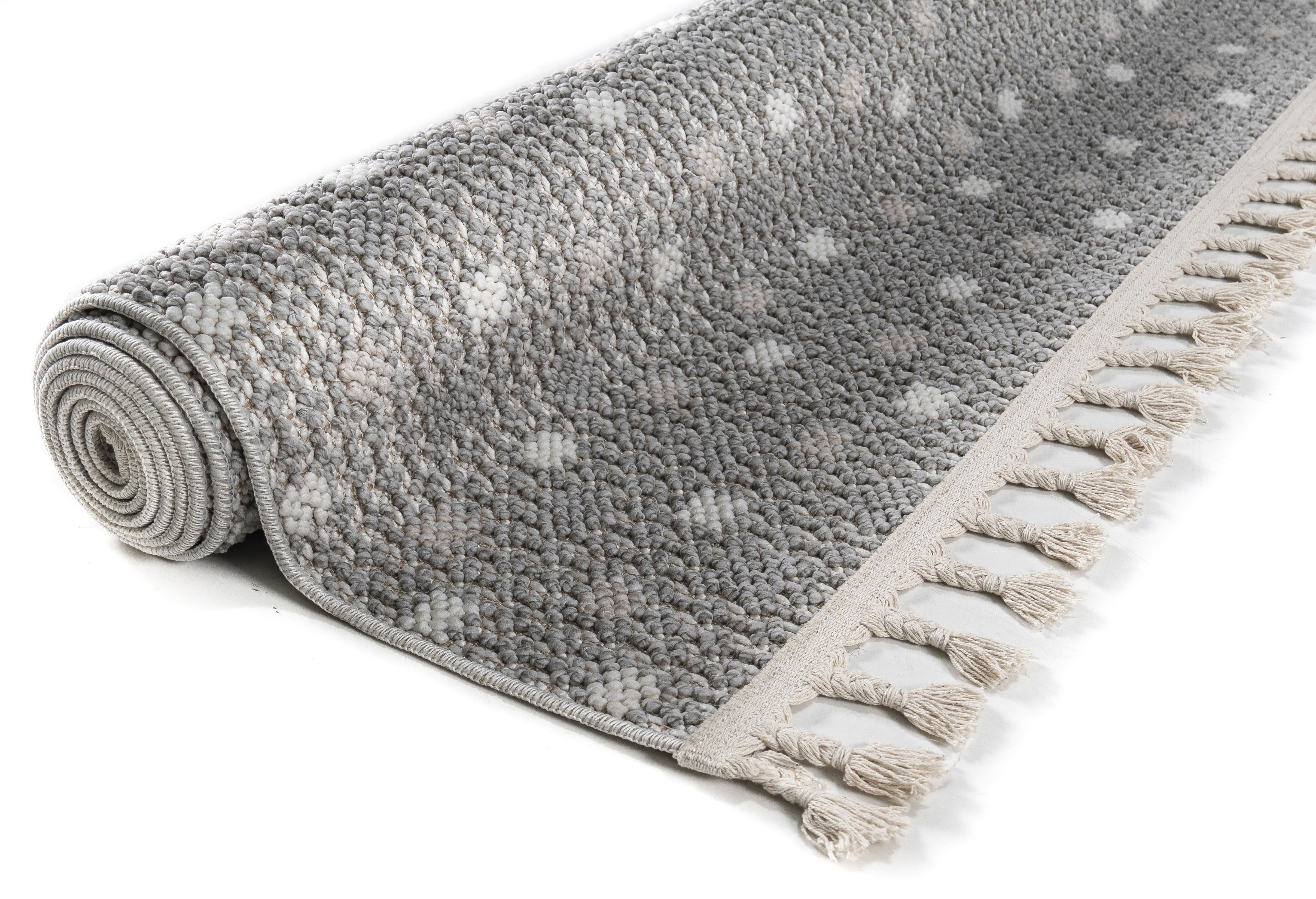 Bruno Banani Vloerkleed Dotty Wol-look, hoog-laag structuur, geschikt voor binnen en buiten, met franjes
