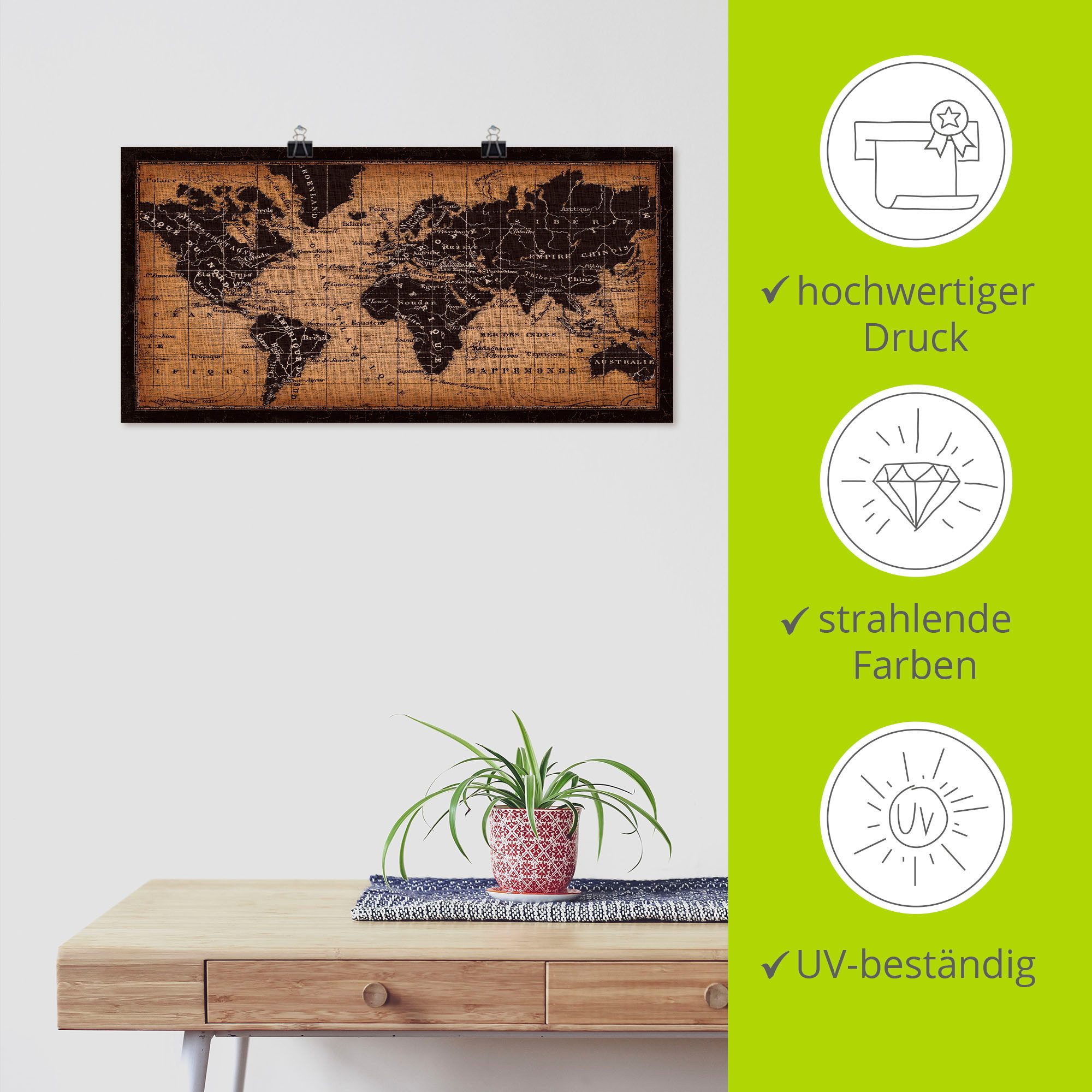 Artland Artprint Oude wereldkaart als artprint op linnen, poster, muursticker in verschillende maten