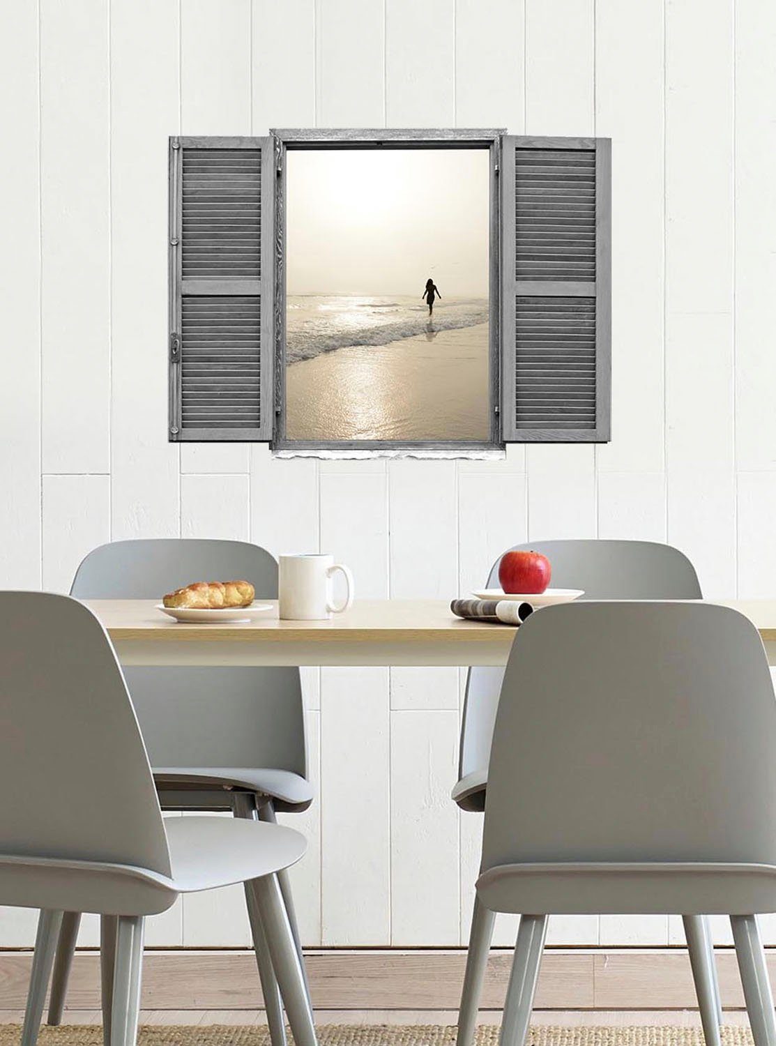 queence Wandfolie Vrouw aan het strand Muursticker, muurdecoratie, zelfklevend, 3D, raam (1 stuk)