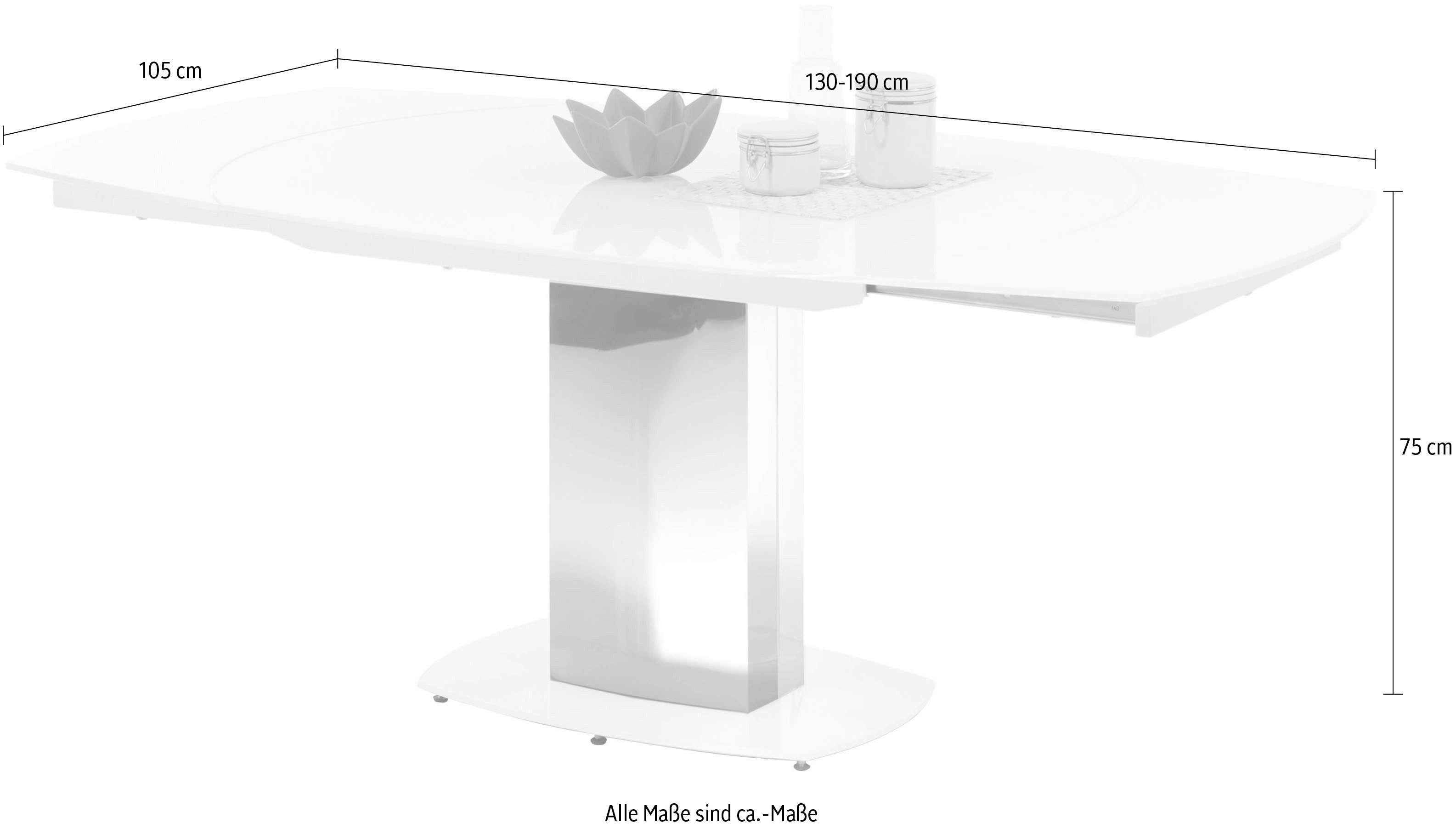 Stolkom Eettafel Jackson glazen tafel wit, uitschuifbare tafel, BxHxD 130-190x75x105 cm
