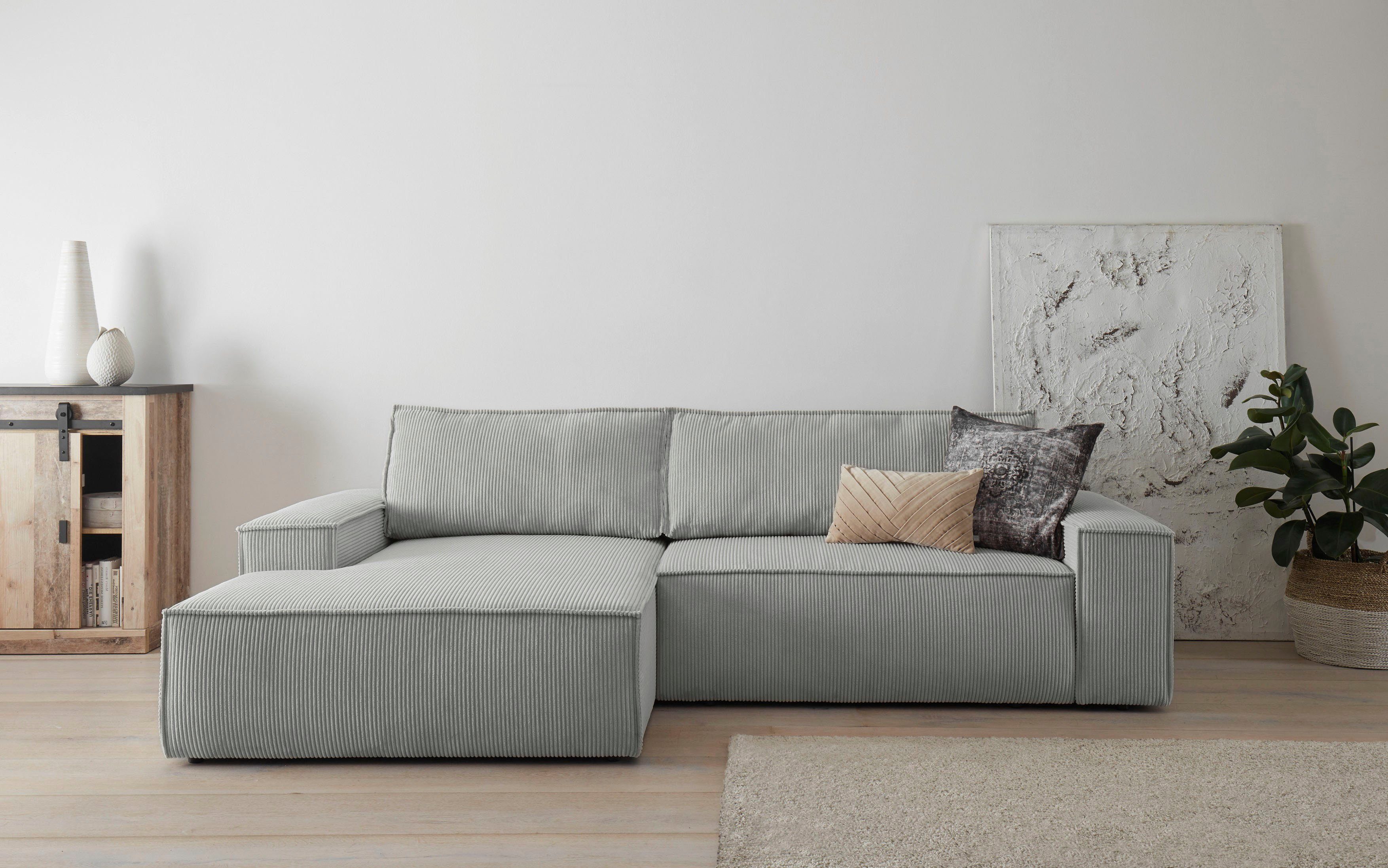 Home affaire Hoekbank SHERWOOD bedbank 267 cm, L-model, Slaapfunctie met bedlade (210x136 cm), cord, vintage, fluweel
