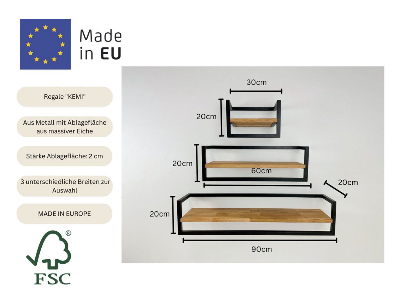andas Wandplank Kemi Frame van metaal, legplank van eikenhout