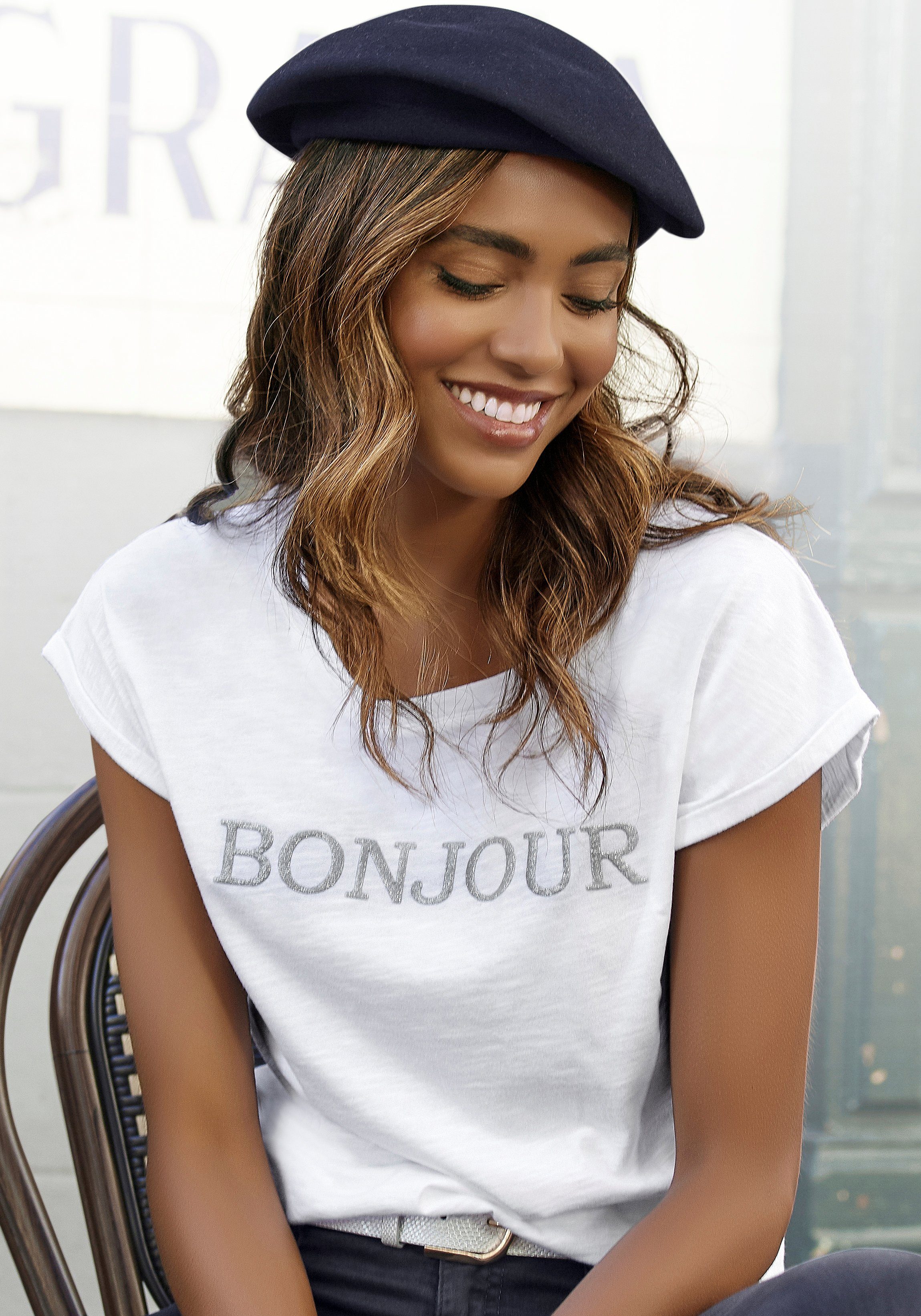 Vivance T-shirt Met frontdruk "Bonjour" in een zachte katoenkwaliteit (2-delig, Set van 2)