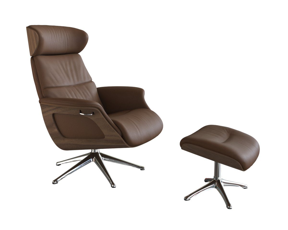FLEXLUX Relaxfauteuil Clement relaxstoel, gestoffeerde stoel, ligstoel, TV-stoel, Rug- & hoofdverstelling, draaibaar, armleuning walnoot, voet aluminium