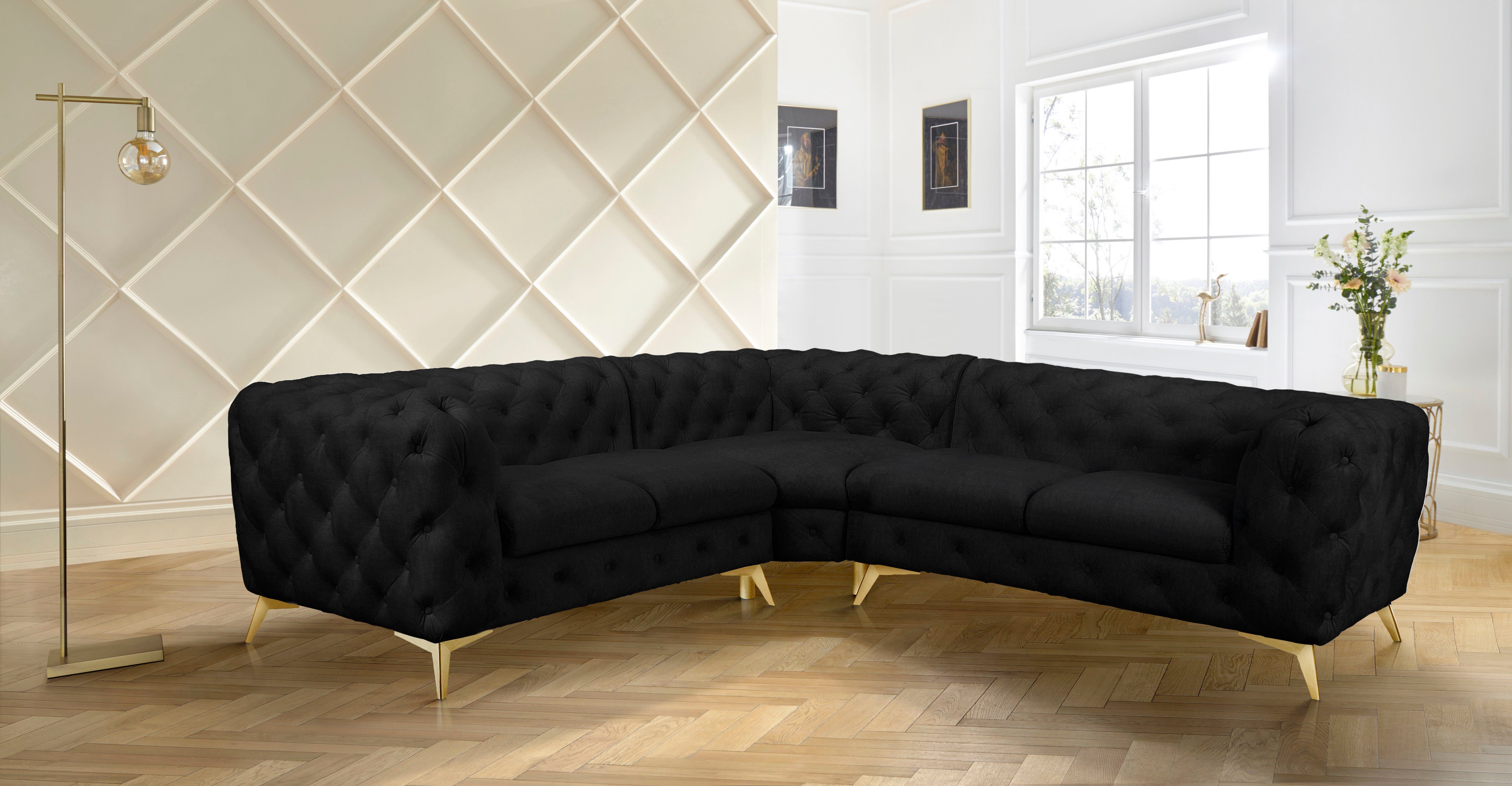 Leonique Chesterfield-bank Glynis L-vorm luxueuze capitonnage, moderne chesterfield look, kleur van de poten ter keuze