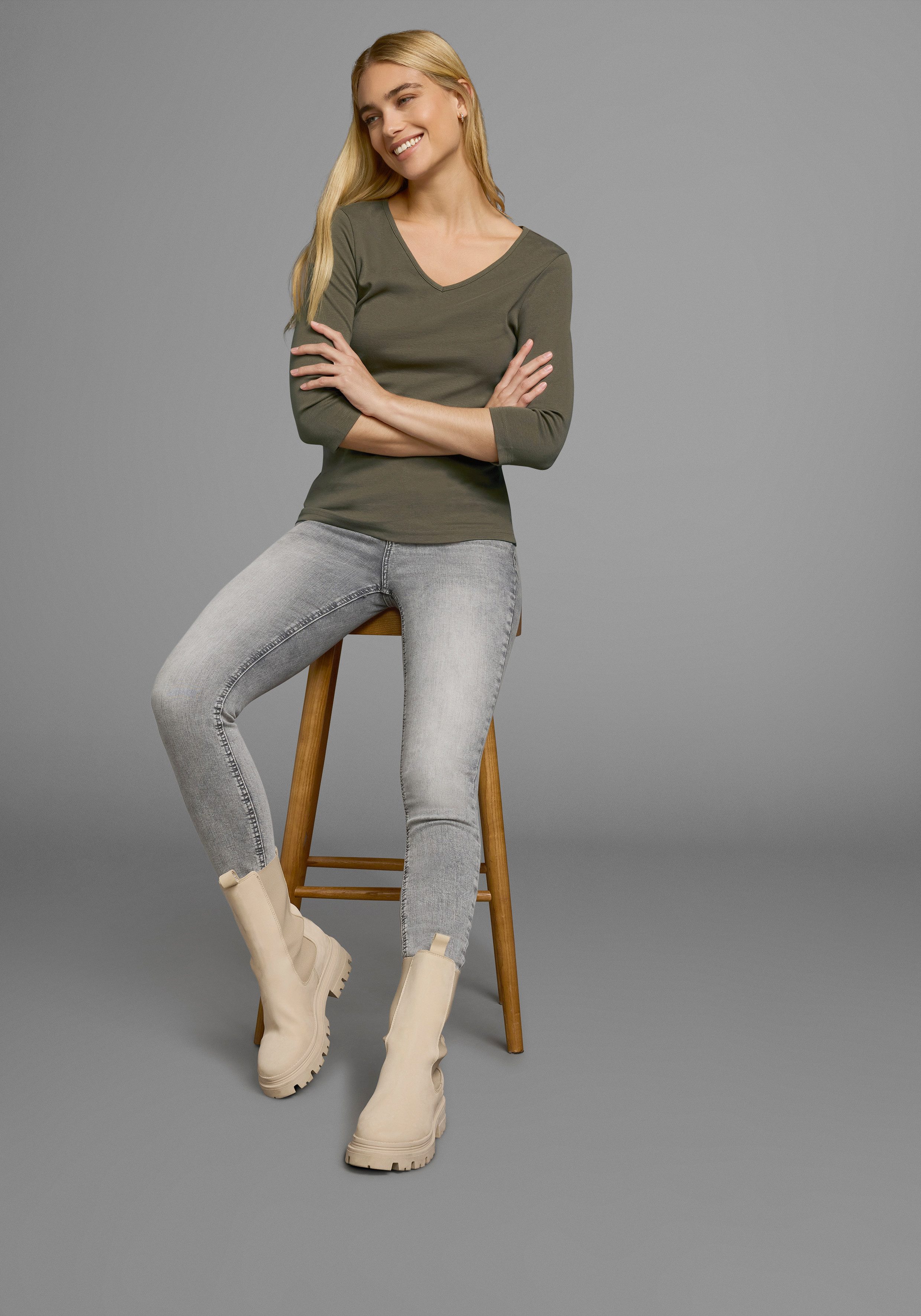 Flashlights Shirt met V-hals effen, v-hals, basic stijl, van katoen, in 2-pack (2-delig, Set van 2)