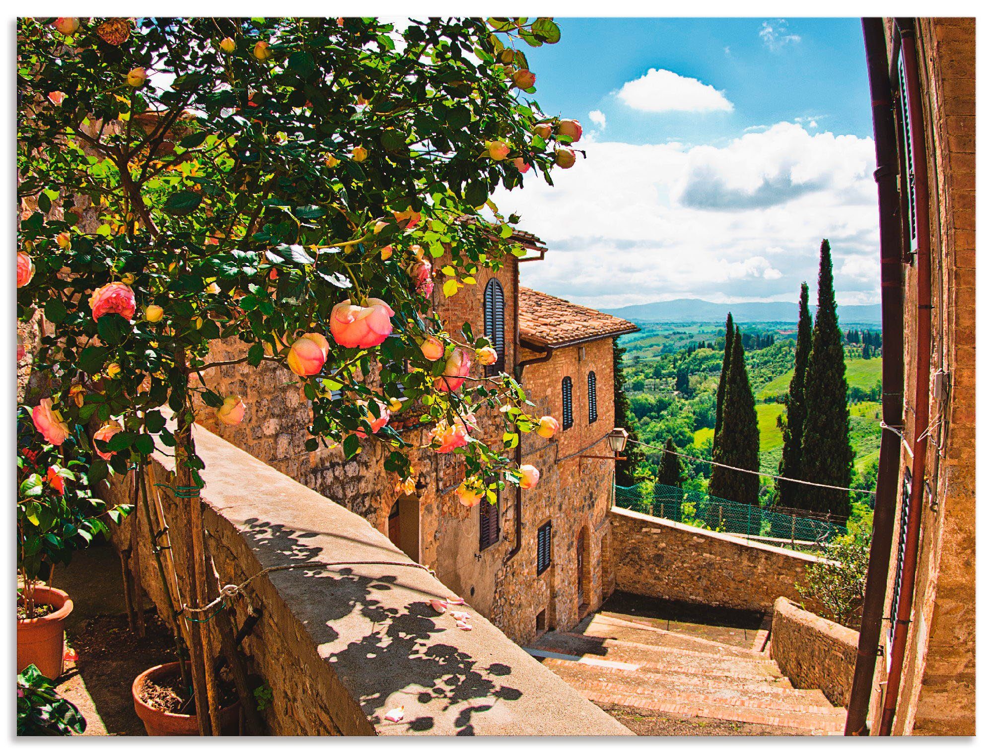 Artland artprint Rosen auf Balkon Toskanalandschaft