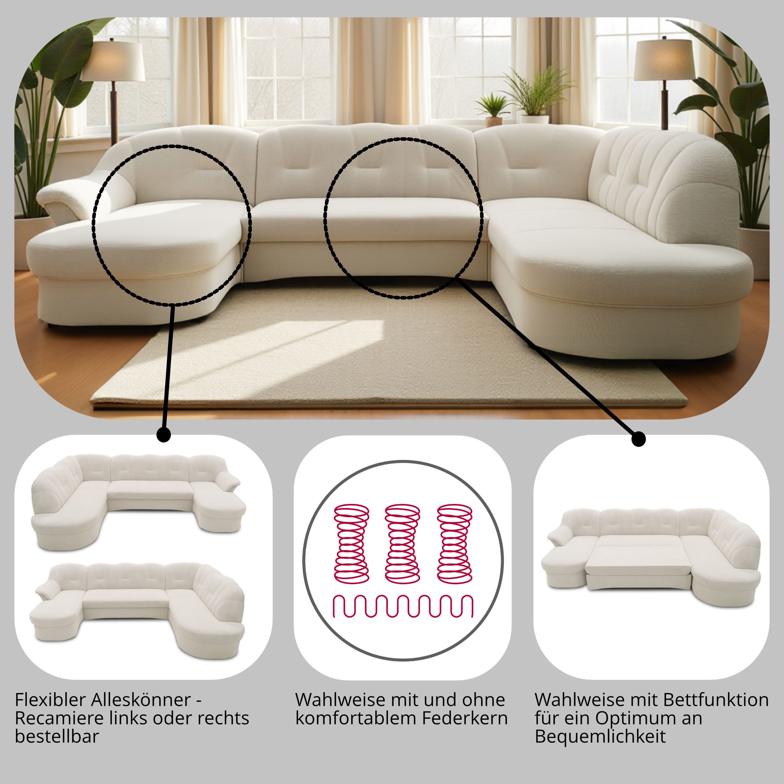 DOMO collection Zithoek Flores ook in leren bekleding, B/D/H: 293/180/86 cm, U-vorm (3 stuks)