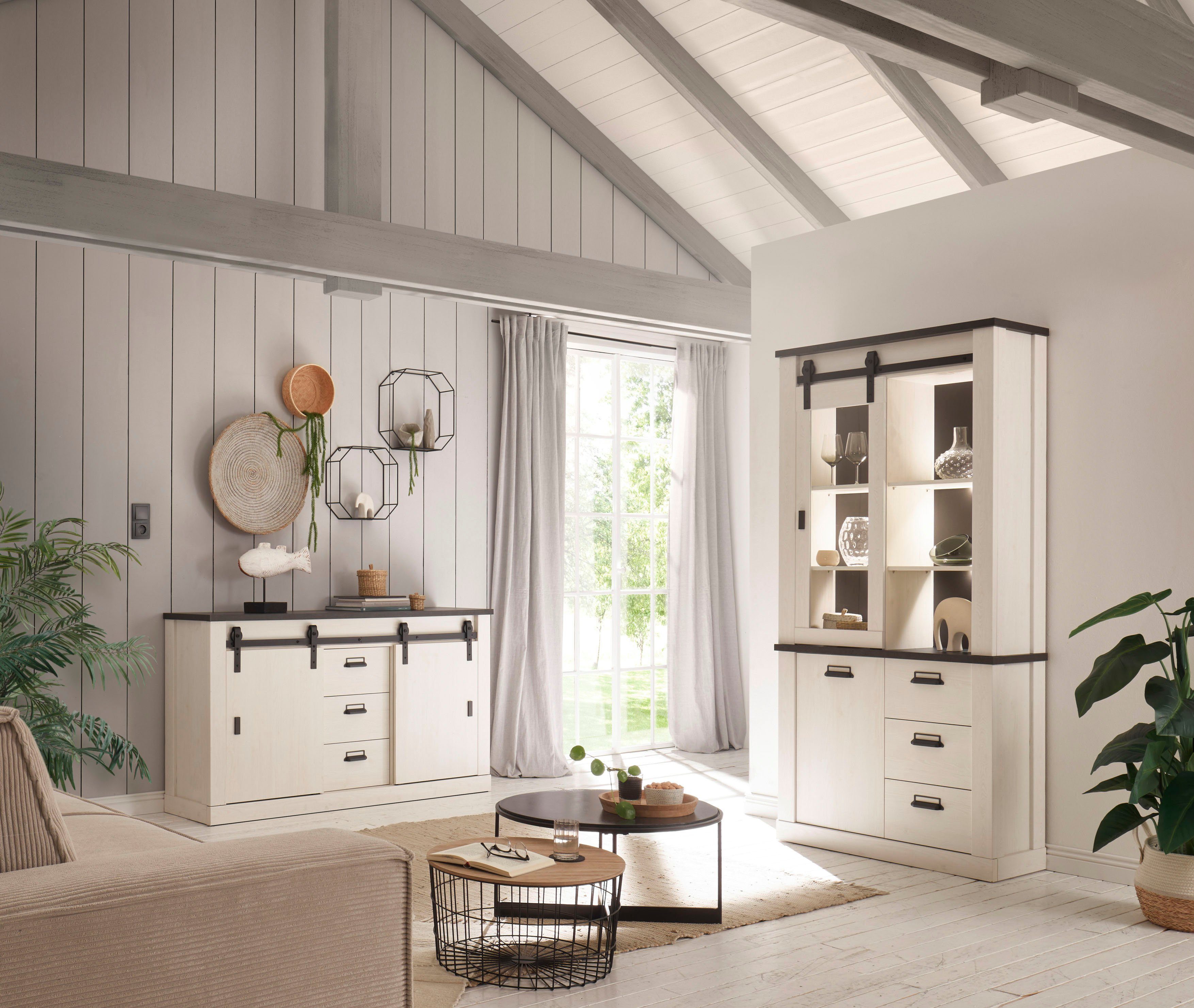 Home affaire Dressoir Sherwood Houtdecor, met schuurdeurbeslag en apothekersgrepen, breedte 161 cm