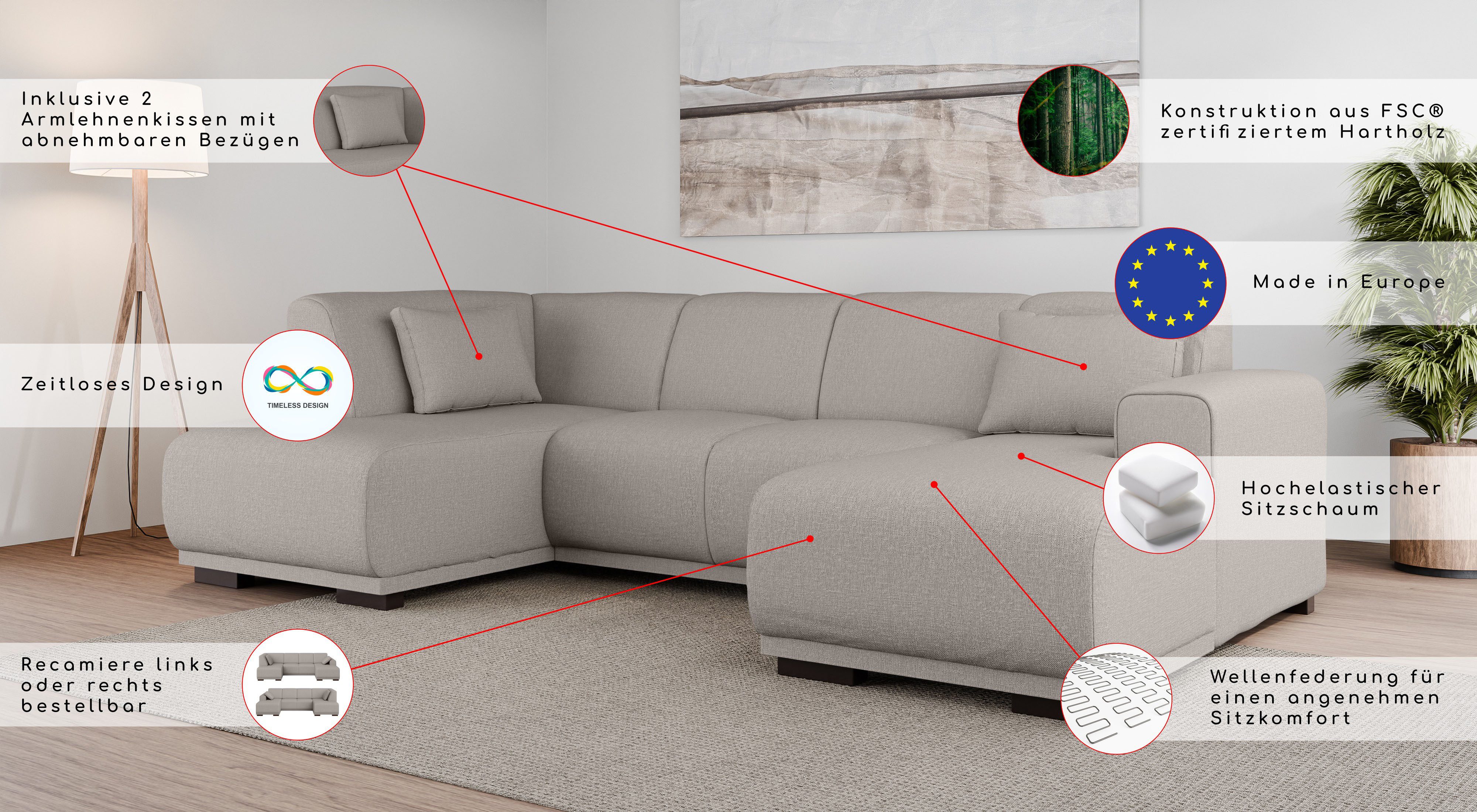Home affaire Zithoek BORNHOLM U-vorm met chaise longue rechts/links, B/D/H: 300/162/85 cm U-vorm met golvende ondervering, chaise longue rechts of links bestelbaar