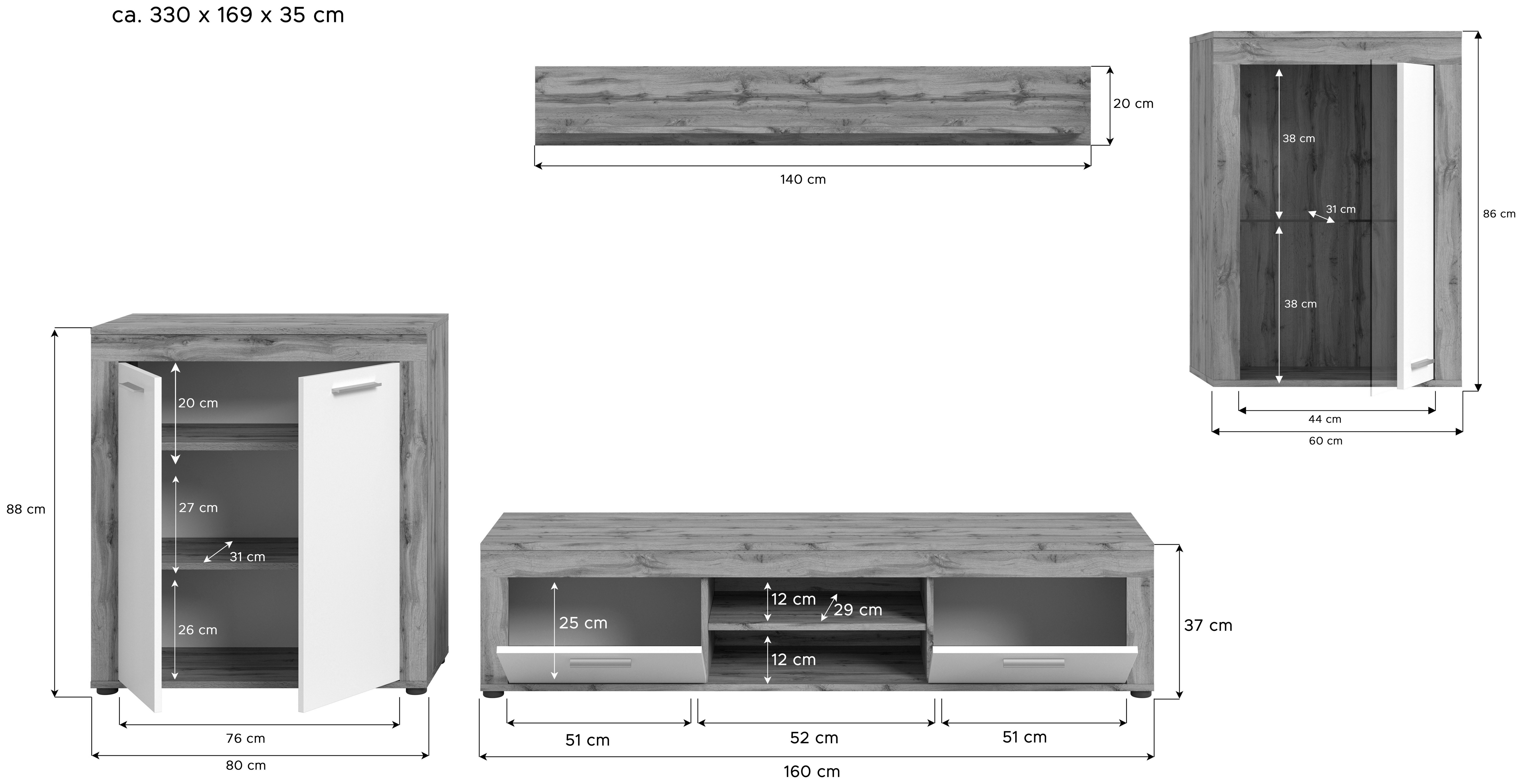INOSIGN Wandmeubel Aosta, 4-delig, bestaande uit: highboard, lowboard, wandplank & vitrinekast (4-delig)
