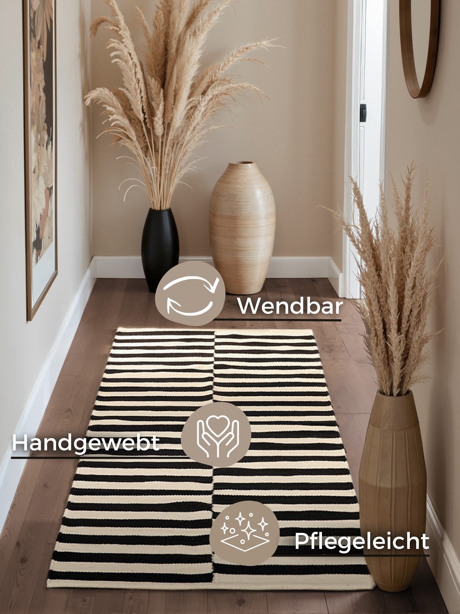 HANSE Home Wollen kleed Donna, zwart-wit handgeweven, wol, natuur, loper, woonkamer, slaapkamer, strepen