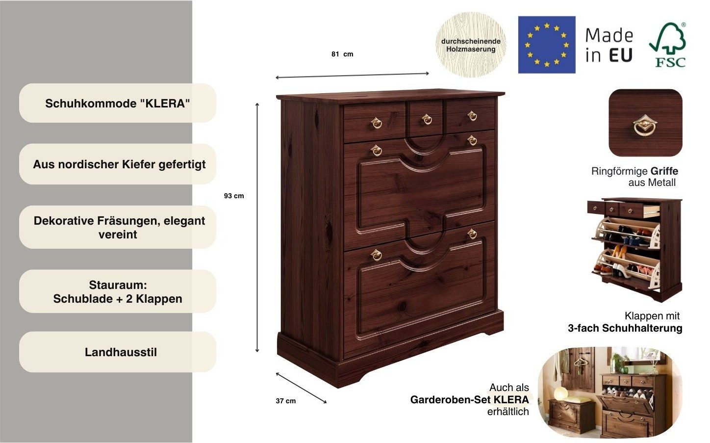 Home affaire Schoenenkast Klera van massief grenen, fsc®, breedte 81 cm, drievoudige schoenenhouder