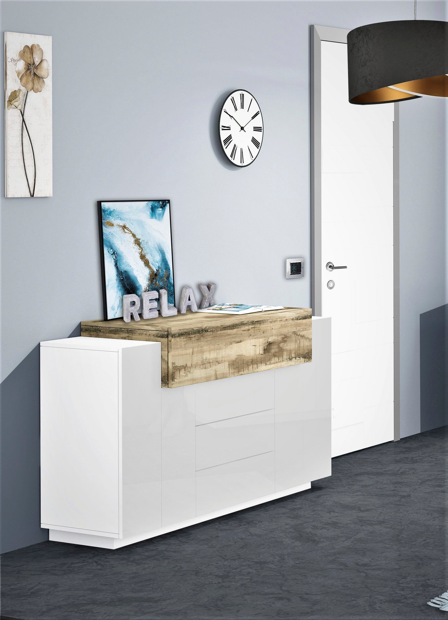 INOSIGN Kast Coro, commode, kast, buffet, greeploos 1 klep, 2 deuren, 3 laden dubbele diepte hoogglans front breedte 160