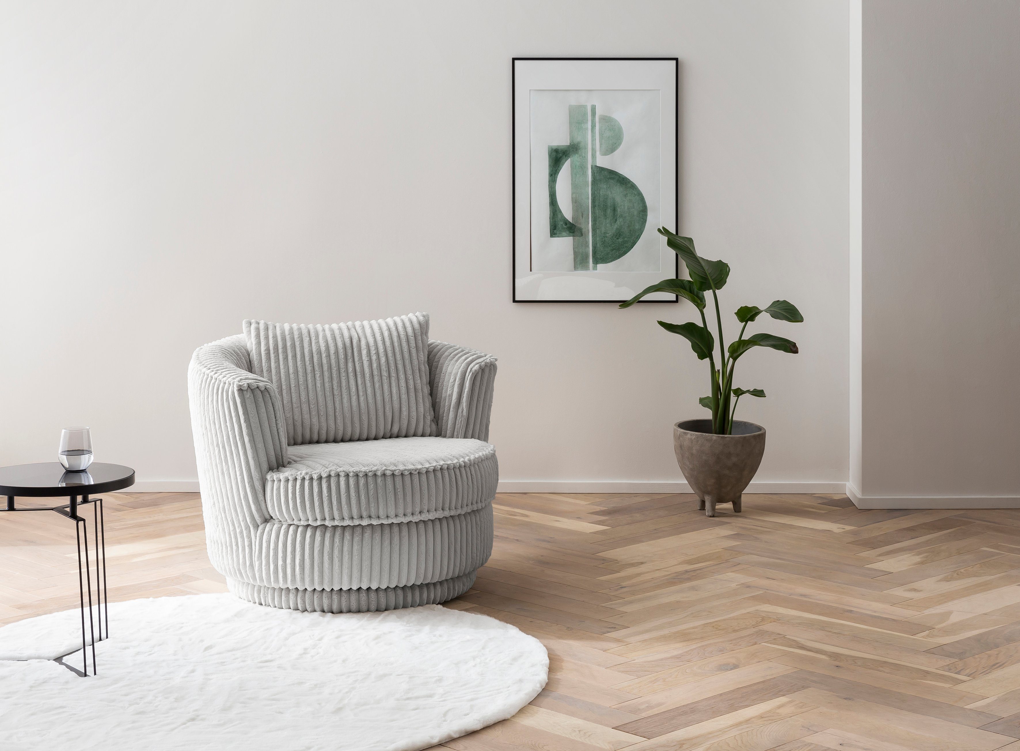Leonique Draaibare fauteuil MAISIE, leesfauteuil, love seat, trendige stoffen mega cord en geweven velours, 360 graden draaibaar fauteuils grijs