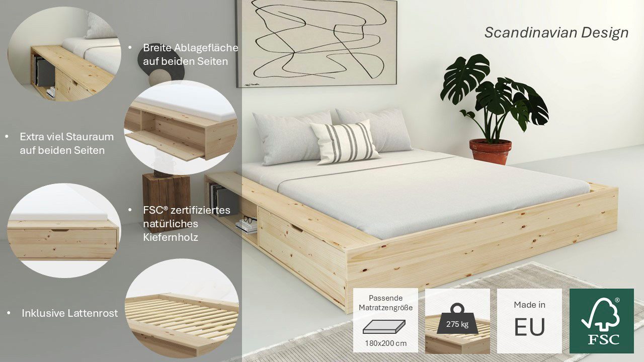 Home affaire Massief houten ledikant Erno, OTTOs keuze, BESTSELLER, opbergbank futonbed, 275KG belastbaar