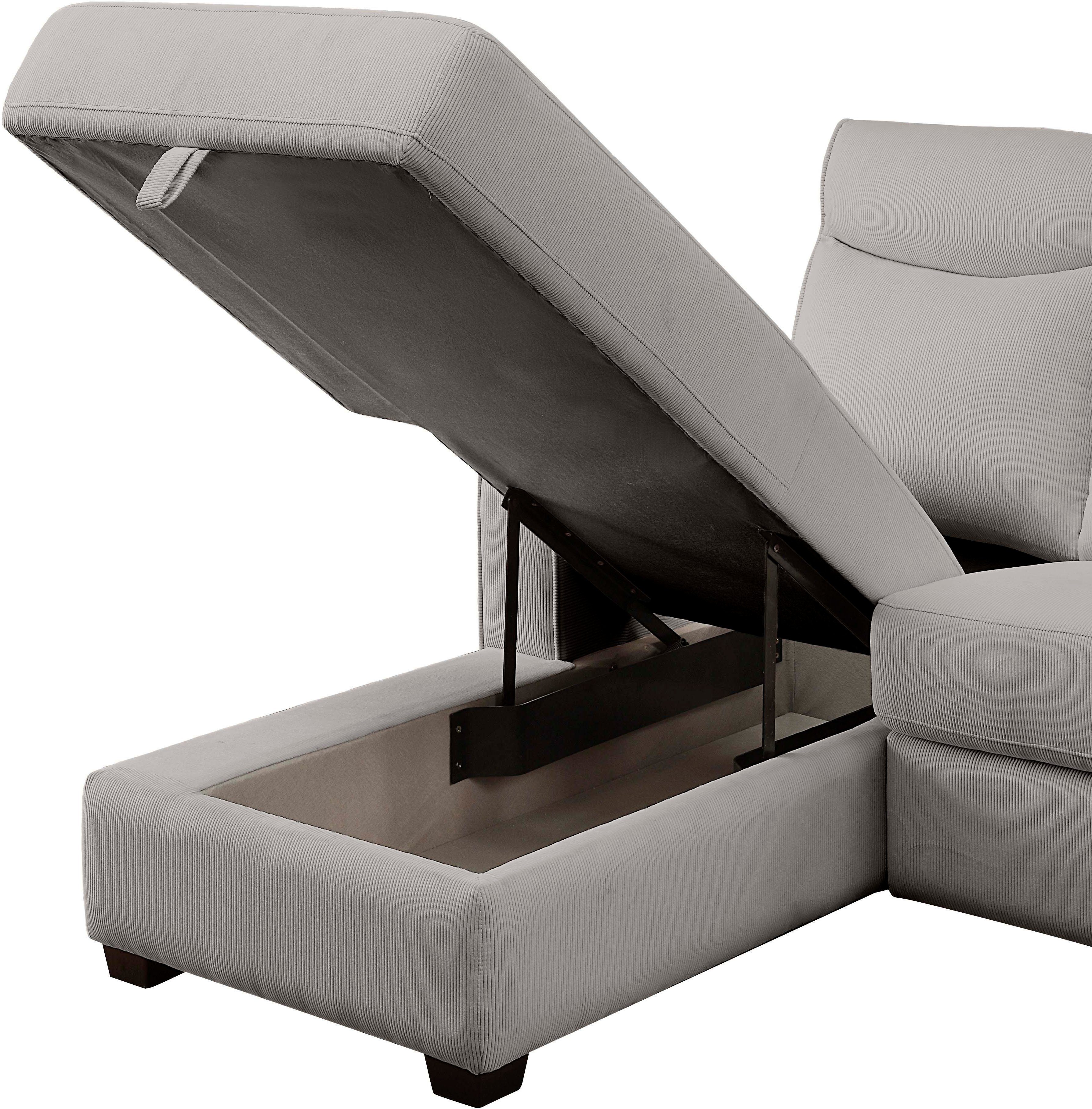 ATLANTIC home collection Hoekbank Gero L-vorm met relaxfunctie en bergruimte, met cordbekleding