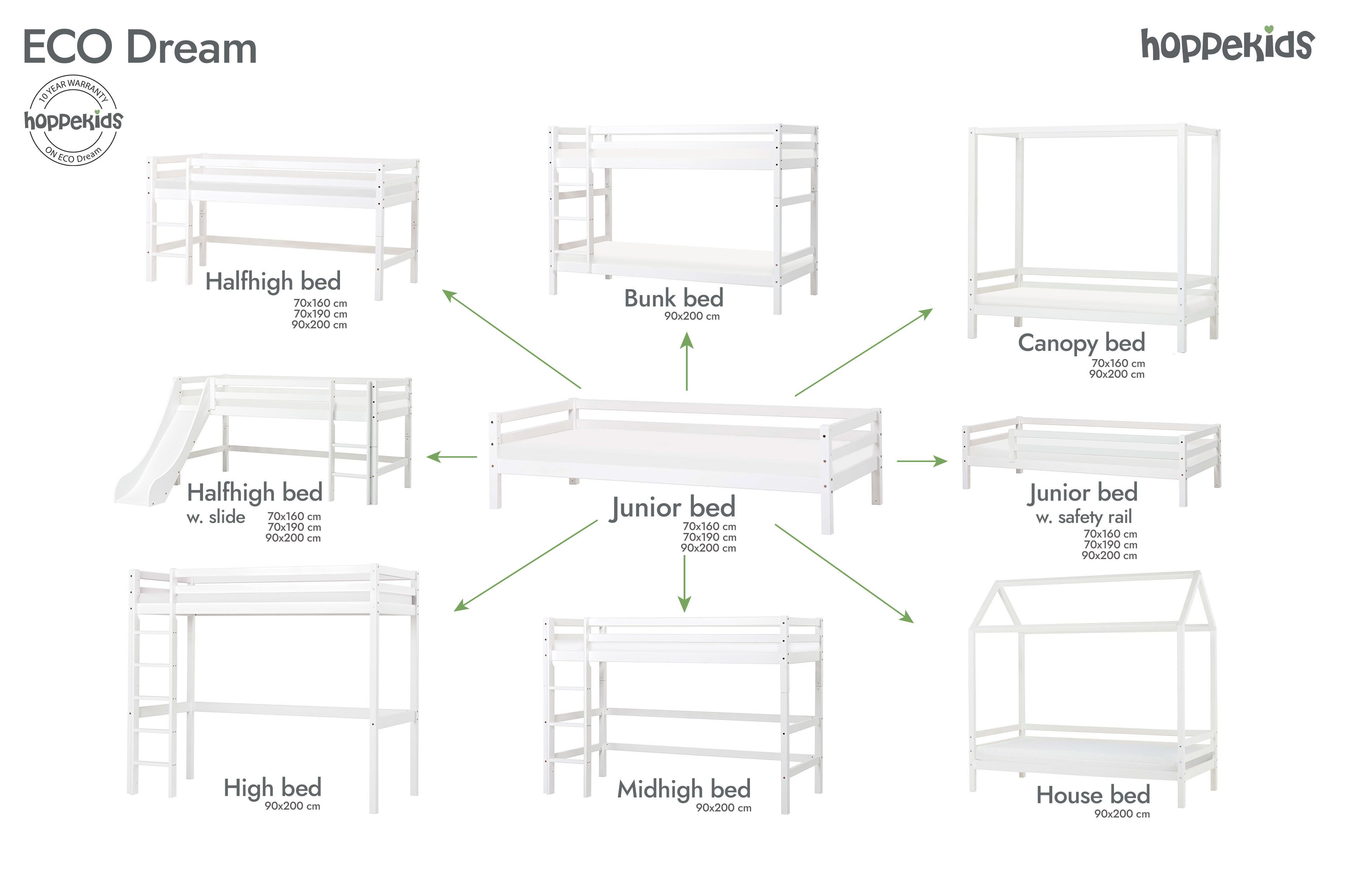 Hoppekids Hoogslaper ECO Dream 90x200 met bureau & loungebank / logeerbed Kinderbed van massief hout, bank uitschuifbaar tot logeerbed