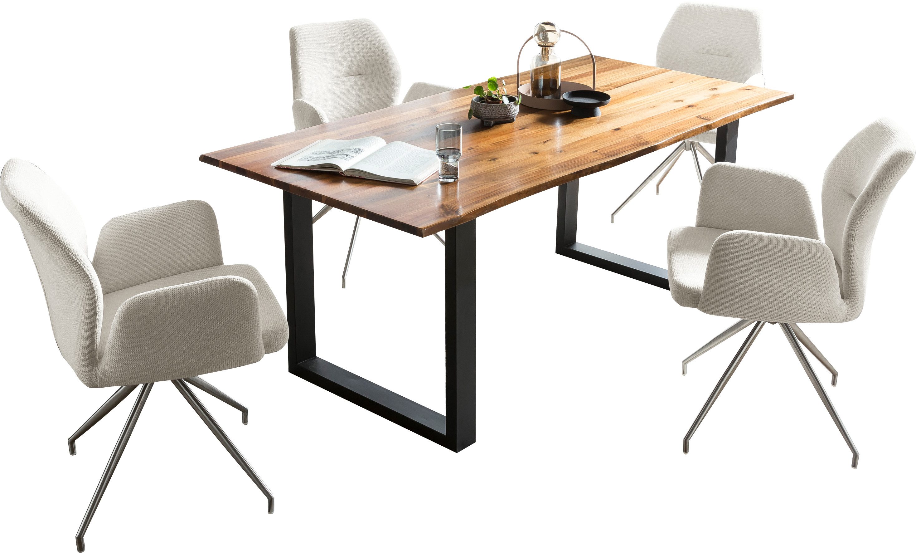 SalesFever Eethoek Tafelblad met echte boomrand, frame van roestvrij staal (set, 5-delig)
