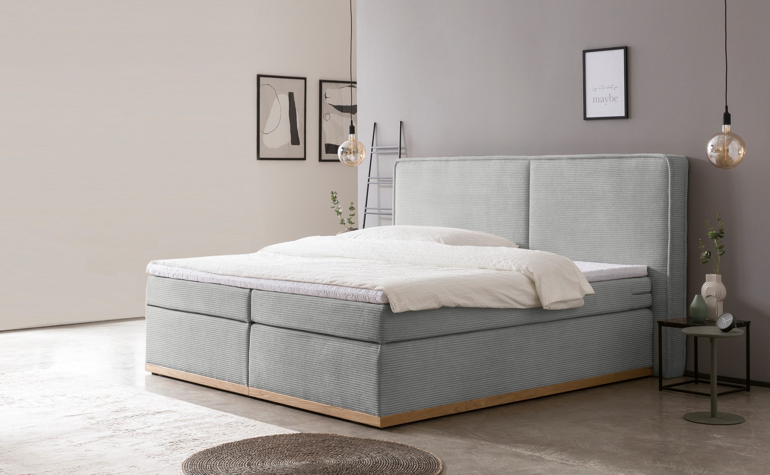 Home affaire Boxspring SHERWOOD hotelbed, bekleed bed Hoogwaardig cord ,zachte velours-structuur, met topmatras, eiken boxsprings grijs