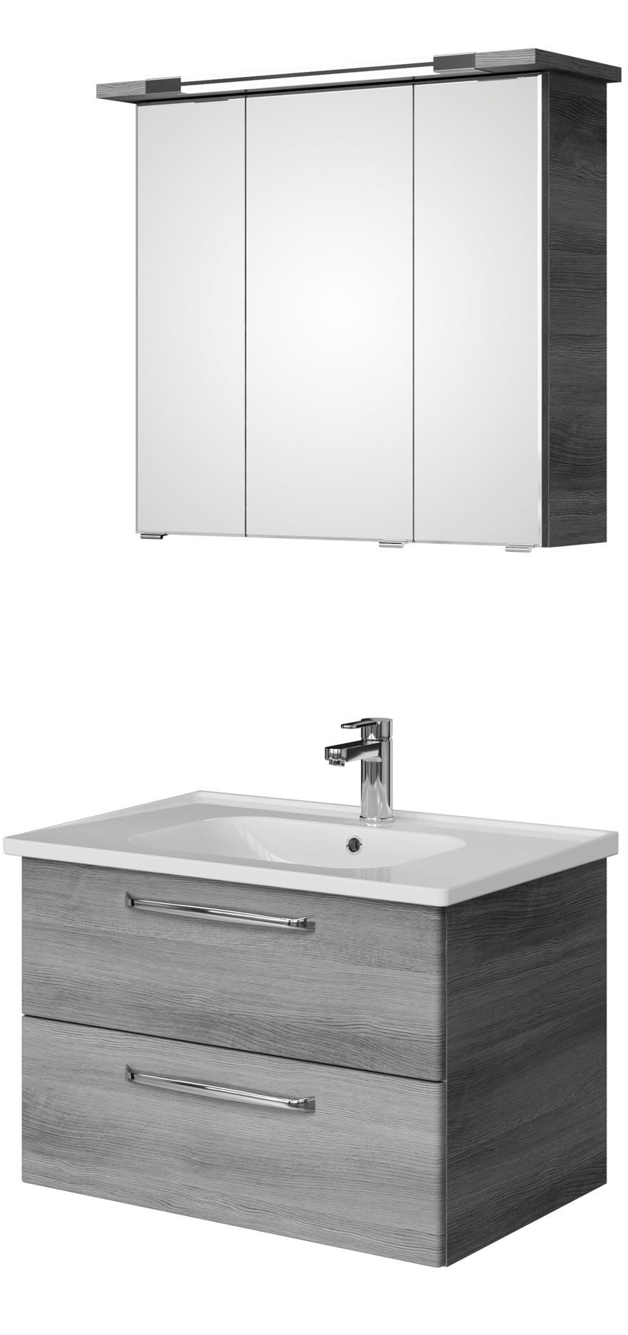 Saphir Badmeubelset Trentino 2-delig keramische wastafel, spiegelkast met LED-profiel Badkamermeubel-set 79cm breed, incl. deurdemper, 3 deuren, 2