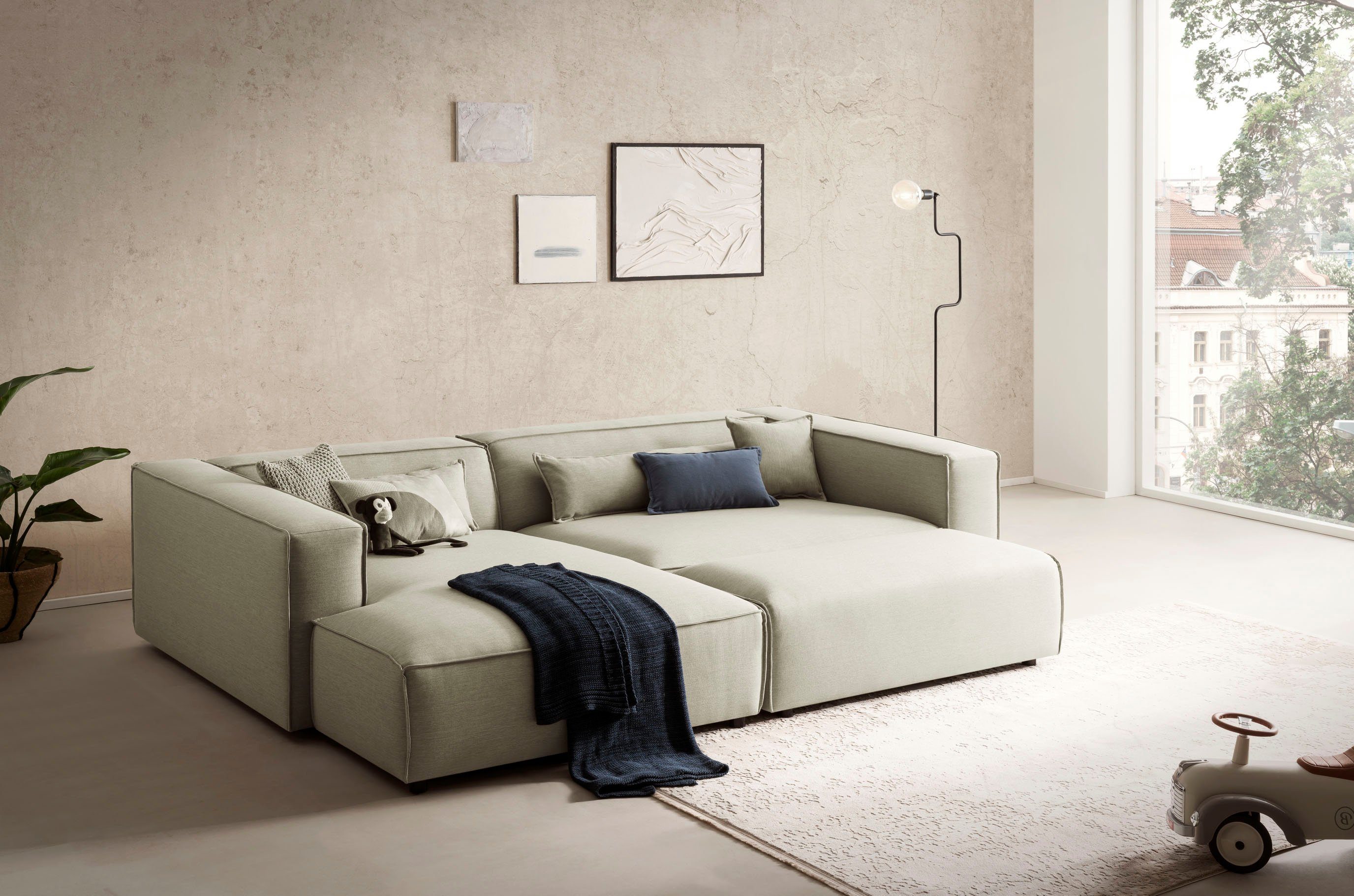 LeGer Home by Lena Gercke Hoekbank PIARA XXL, L-vorm met slaapfunctie, Big-sofa in cord of linnenlook Hocker verstelbaar tot slaapbank (krokodillenverbinder), diepe zitting