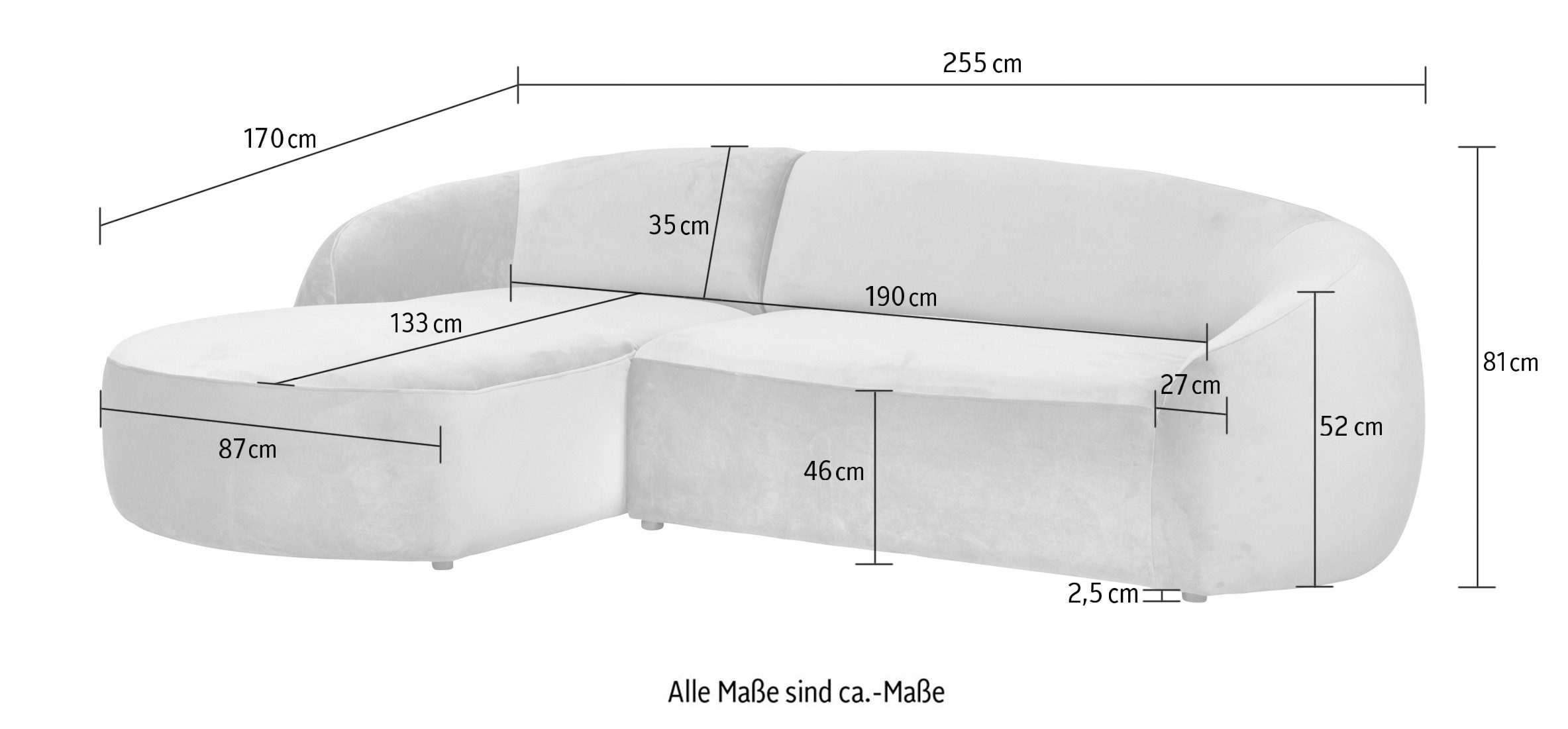LeGer Home by Lena Gercke Hoekbank YANI, L-vorm, designbank, organische vorm, afmetingen B/D/H: 255/170/81 cm