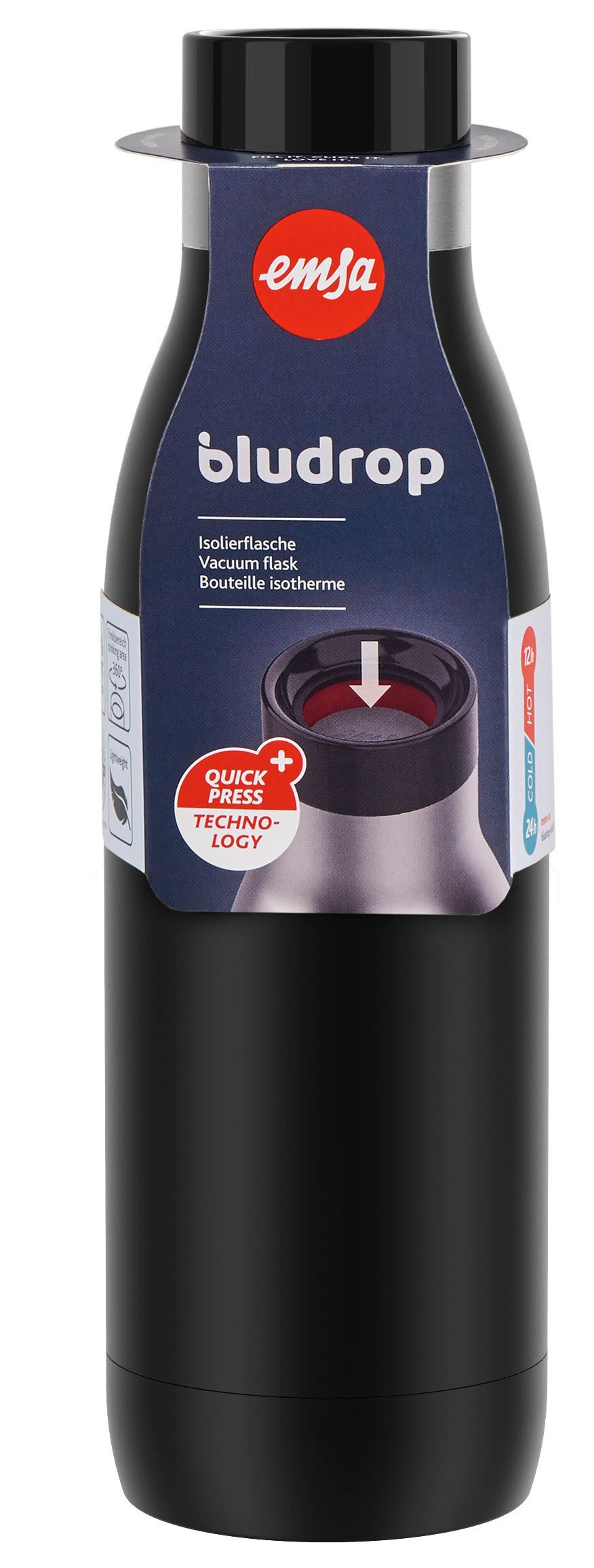 Emsa Thermosfles Drinkfles Bludrop Roestvrij staal, Quick-Press deksel, 360° drinkplezier, 12 uur warm/24 uur koel (1-delig)