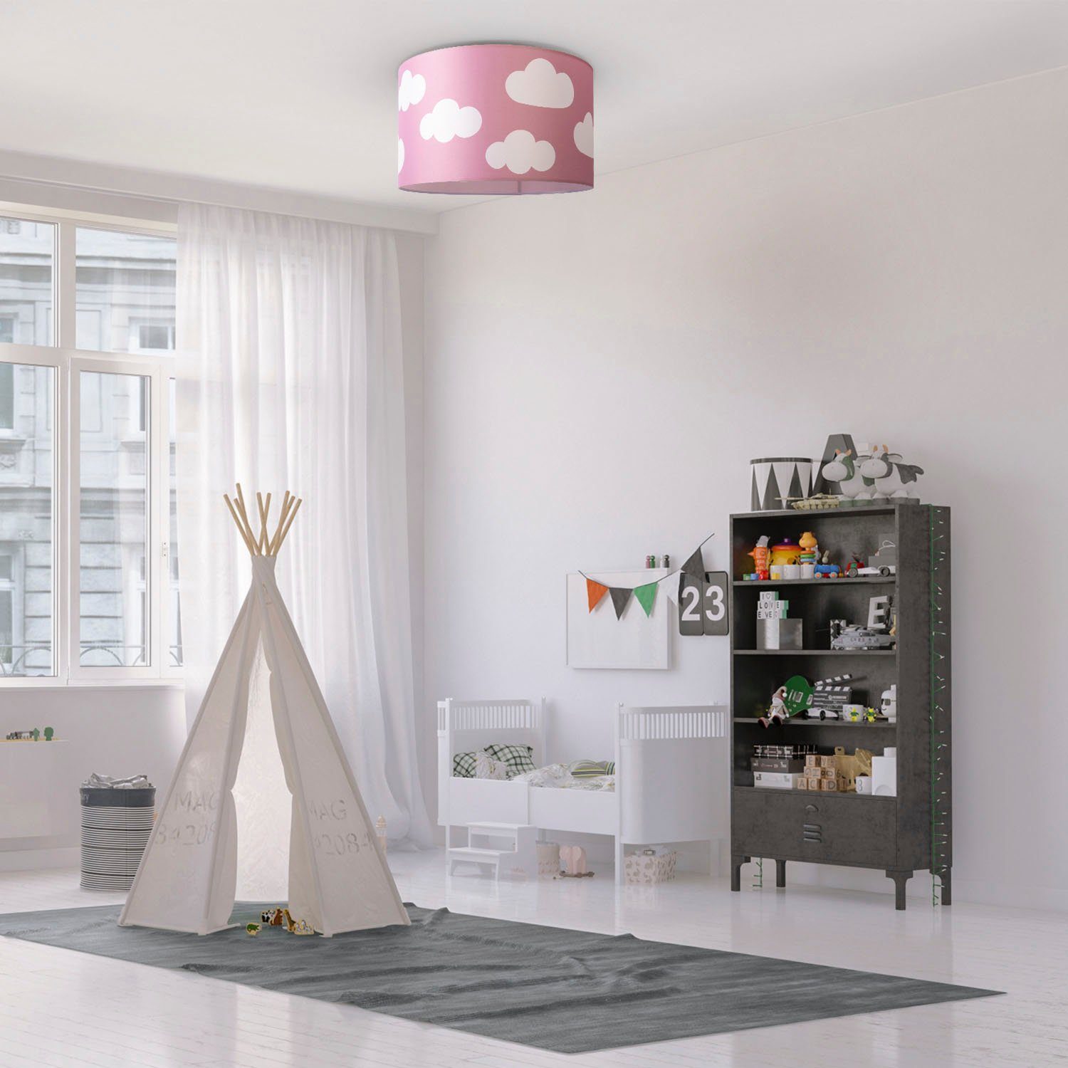 Paco Home Plafondlamp Hugo Cosmo Plafondlamp kinderkamer kinderlamp wolk stofscherm rond E27