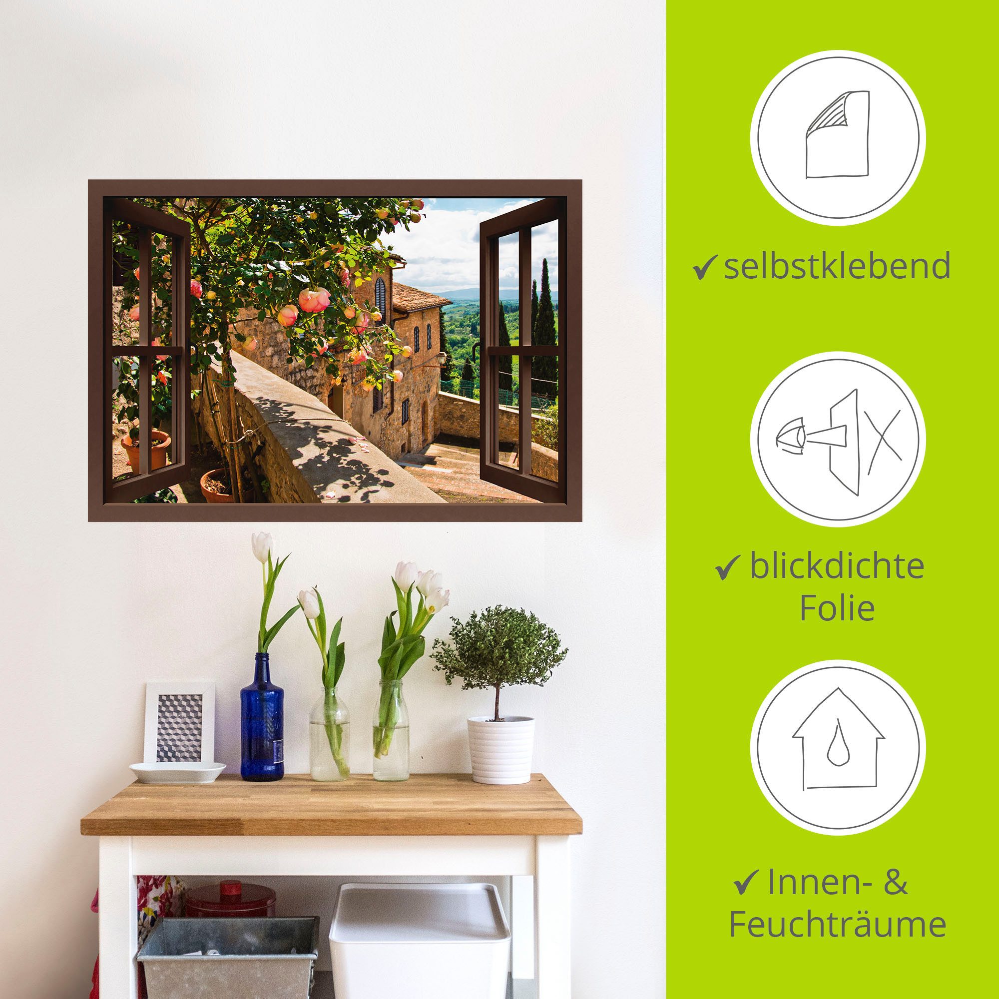 Artland Artprint Blik uit het venster rozen op balkon Toscane als artprint van aluminium, artprint voor buiten, artprint op linnen, poster, muursticker