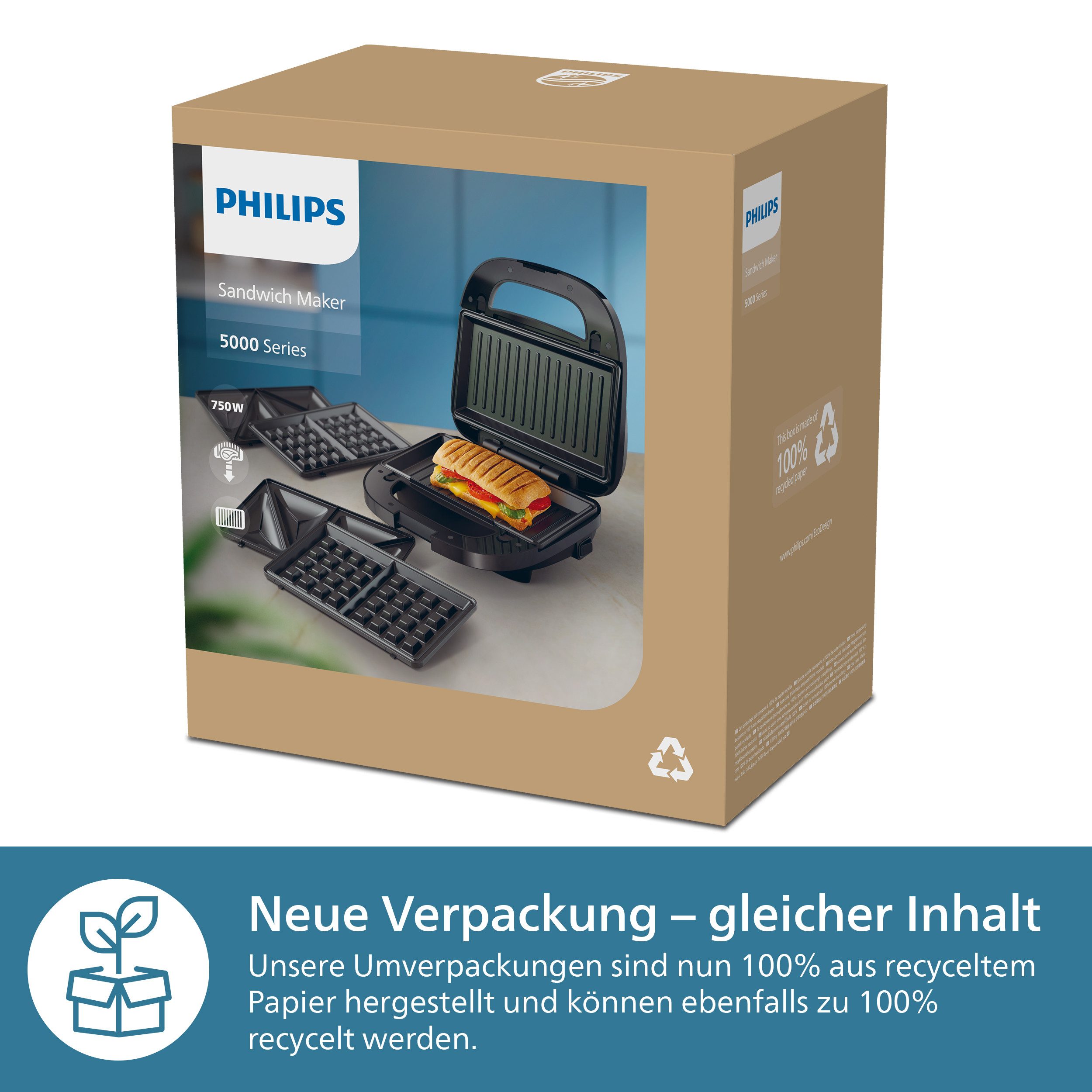 Philips Sandwichmaker 5000 Series HD2350/80, met 3 verwisselbare plaatsets gelijkmatige opwarming, compacte opslag, zwart / zilver